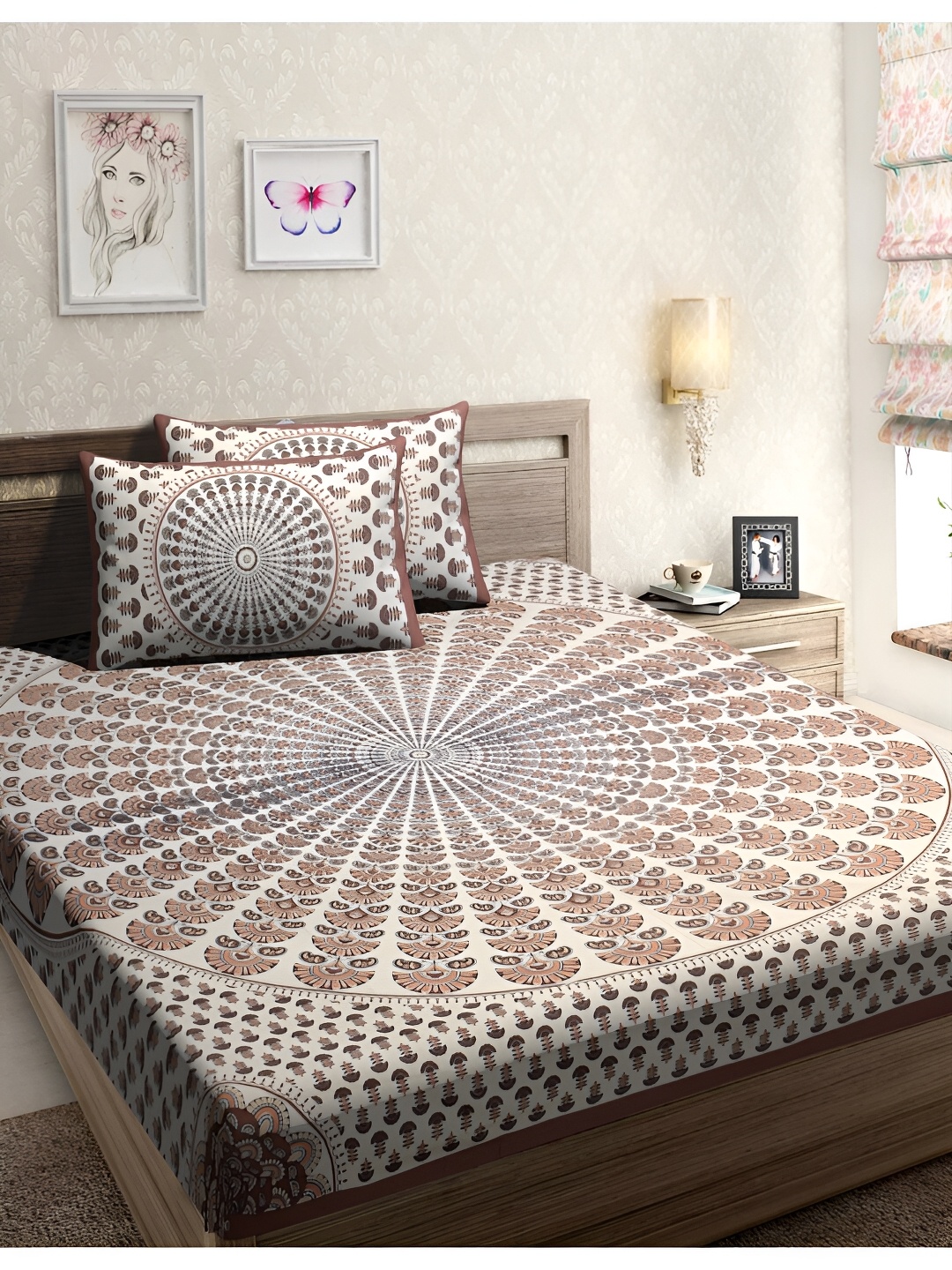 

POORAK Brown & White Ethnic Motifs 104 TC Cotton Queen Bedsheet With 2 Pillow Covers