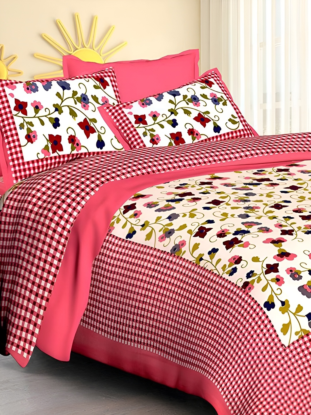 

POORAK Red & Cream-Coloured Floral 104 TC Cotton Queen Bedsheet Set