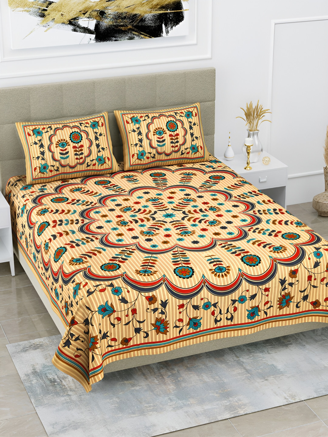 

POORAK Blue & Red Ethnic Motifs 104 TC Cotton Queen Bedsheet With 2 Pillow Covers