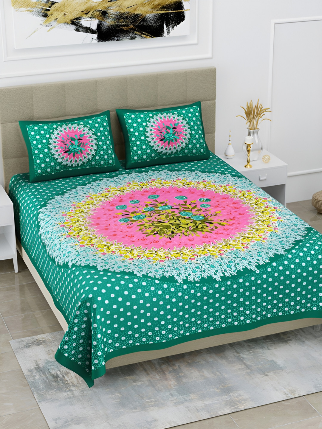 

POORAK Green & Pink Floral Cotton 104 TC Queen Bedsheet with 2 Pillow Covers