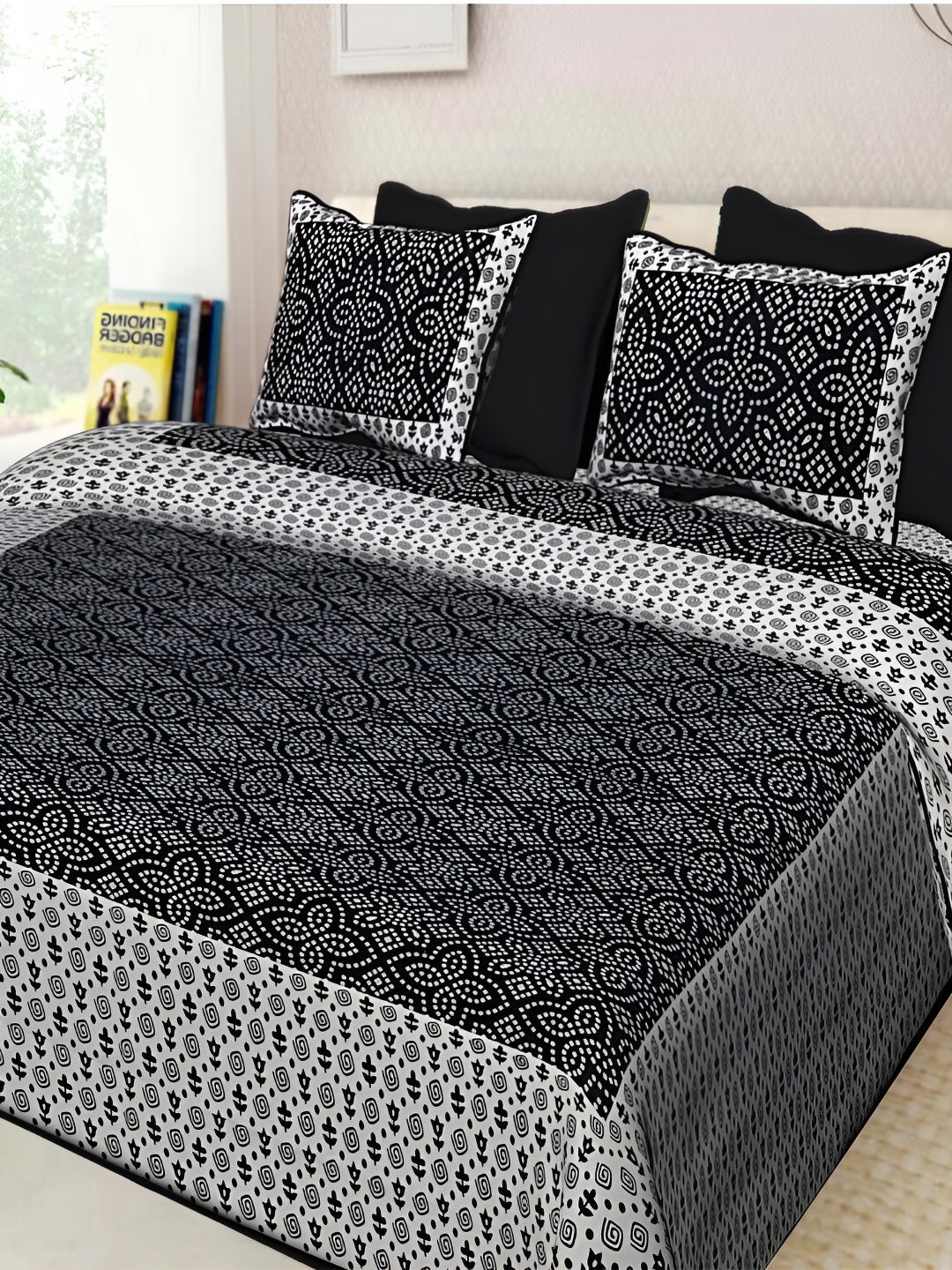 

POORAK Black & Grey Ethnic Motifs Cotton 104 TC Queen Bedsheet With 2 Pillow Covers