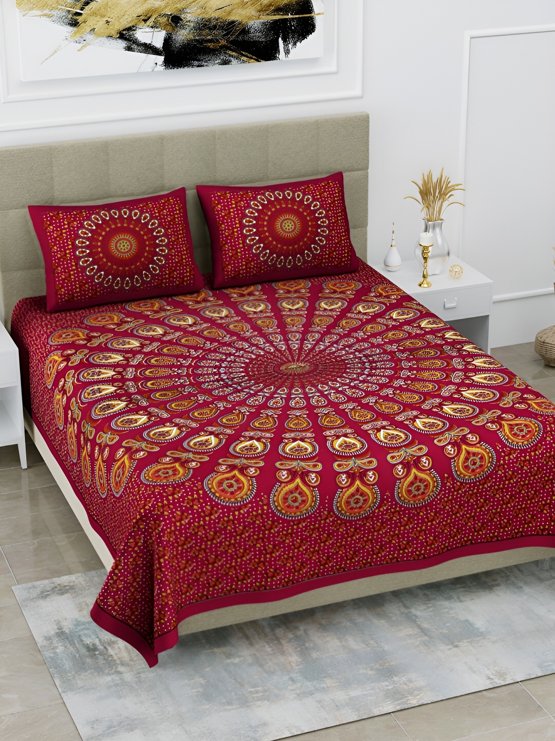 

POORAK Maroon & Blue Ethnic Motifs Cotton 104 TC Queen Bedsheet with 2 Pillow Covers