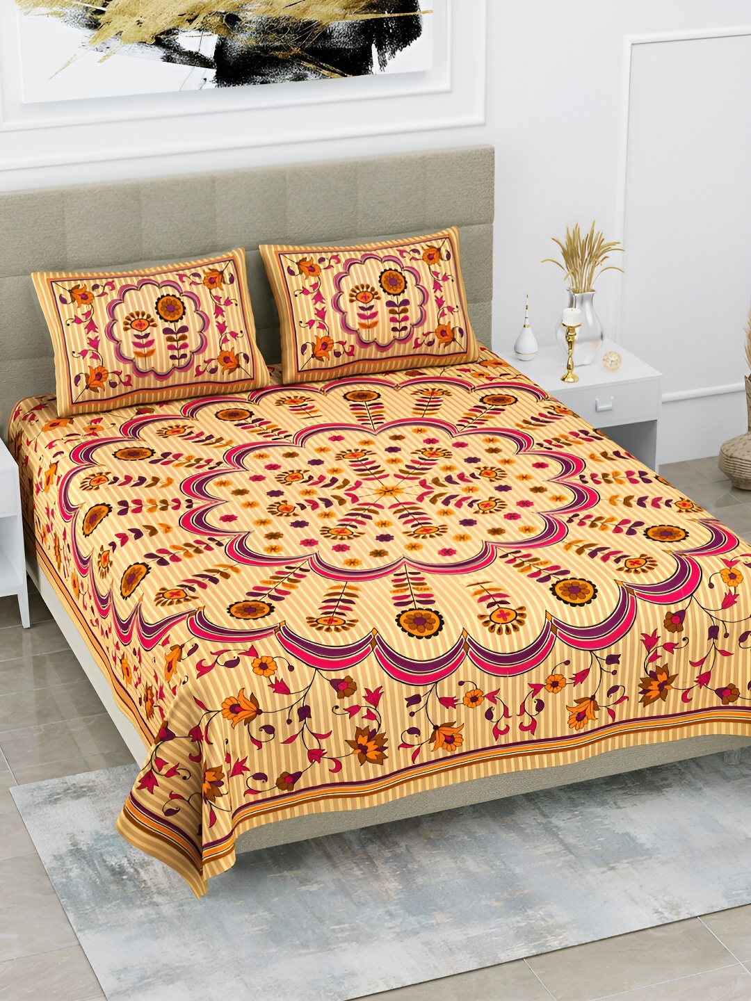 

POORAK Yellow & Pink Floral Cotton 104 TC Queen Bedsheet With 2 Pillow Covers