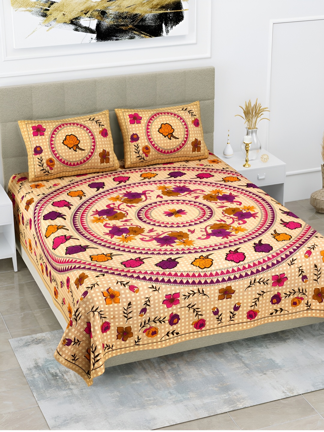 

POORAK Beige & Pink Floral 104 TC Cotton Queen Bedsheet With 2 Pillow Covers