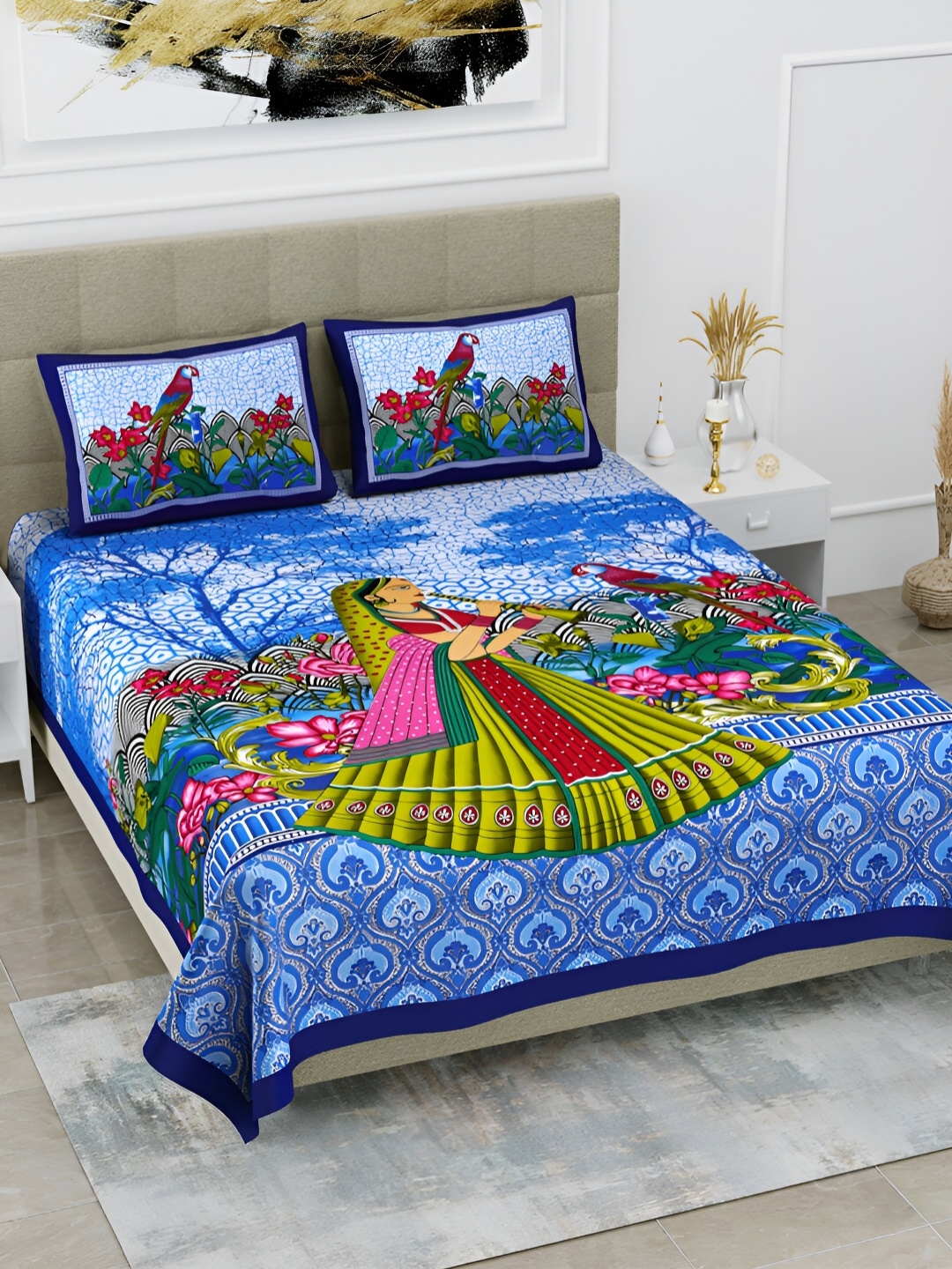 

POORAK Blue & Green Graphic Cotton 104 TC Queen Bedsheet with 2 Pillow Covers