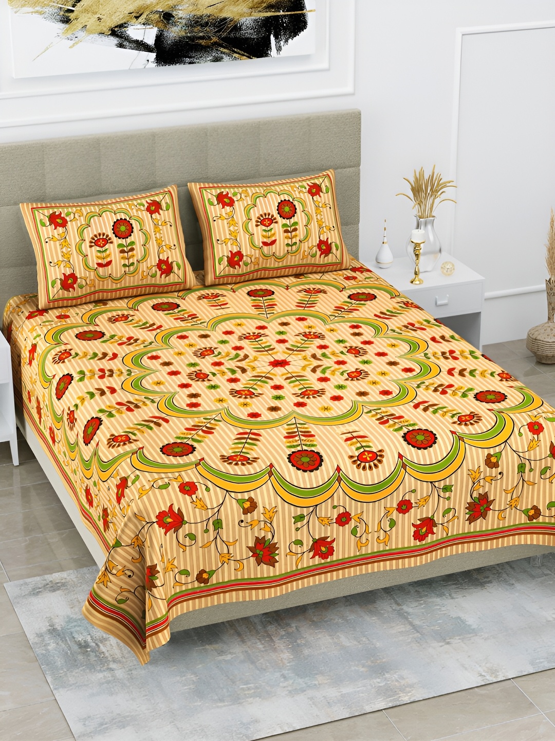 

POORAK Orange & Red Floral 104 TC Cotton Queen Bedsheet With 2 Pillow Covers