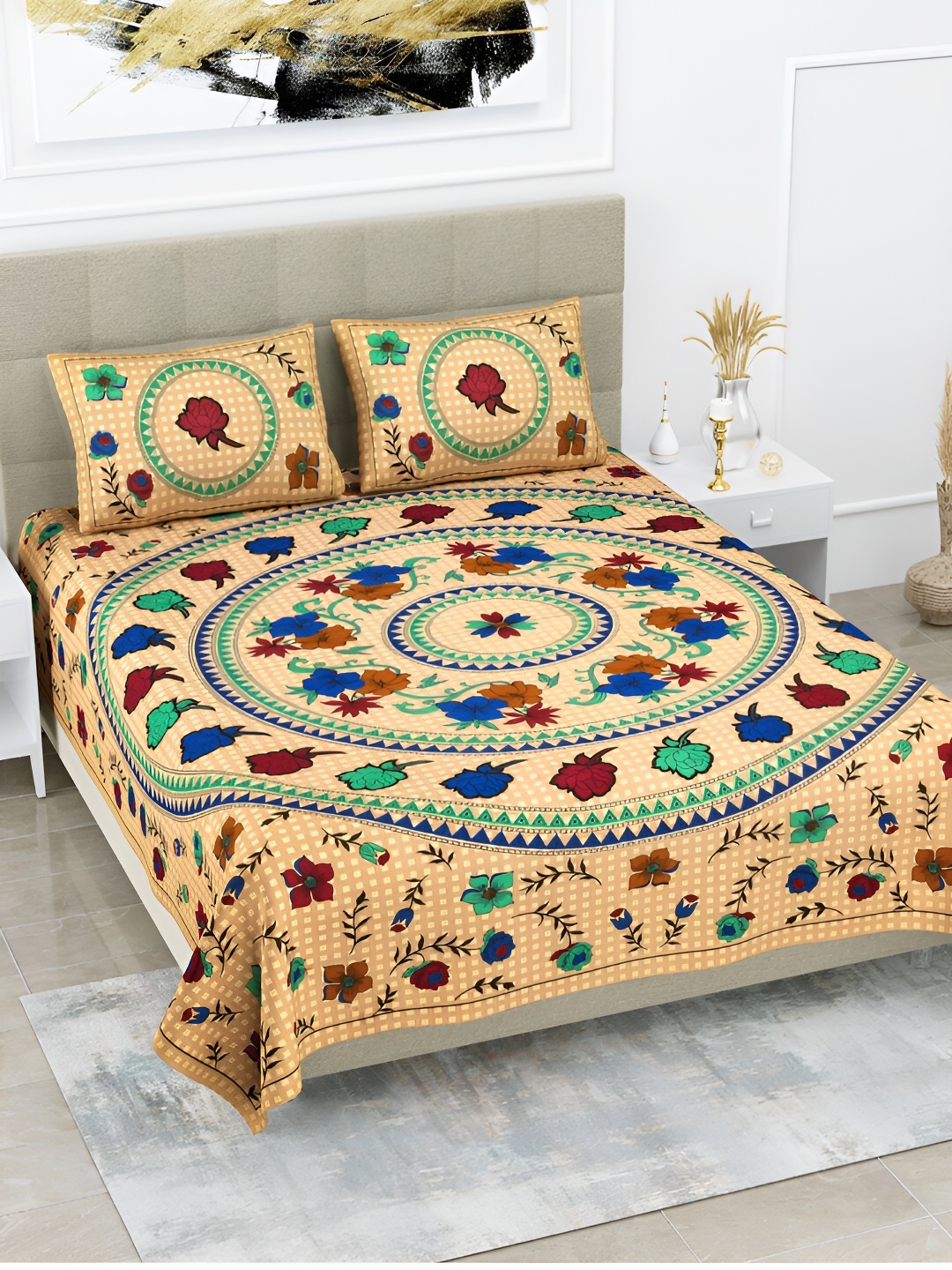 

POORAK Green & Red Floral Cotton 104 TC Queen Bedsheet with 2 Pillow Covers