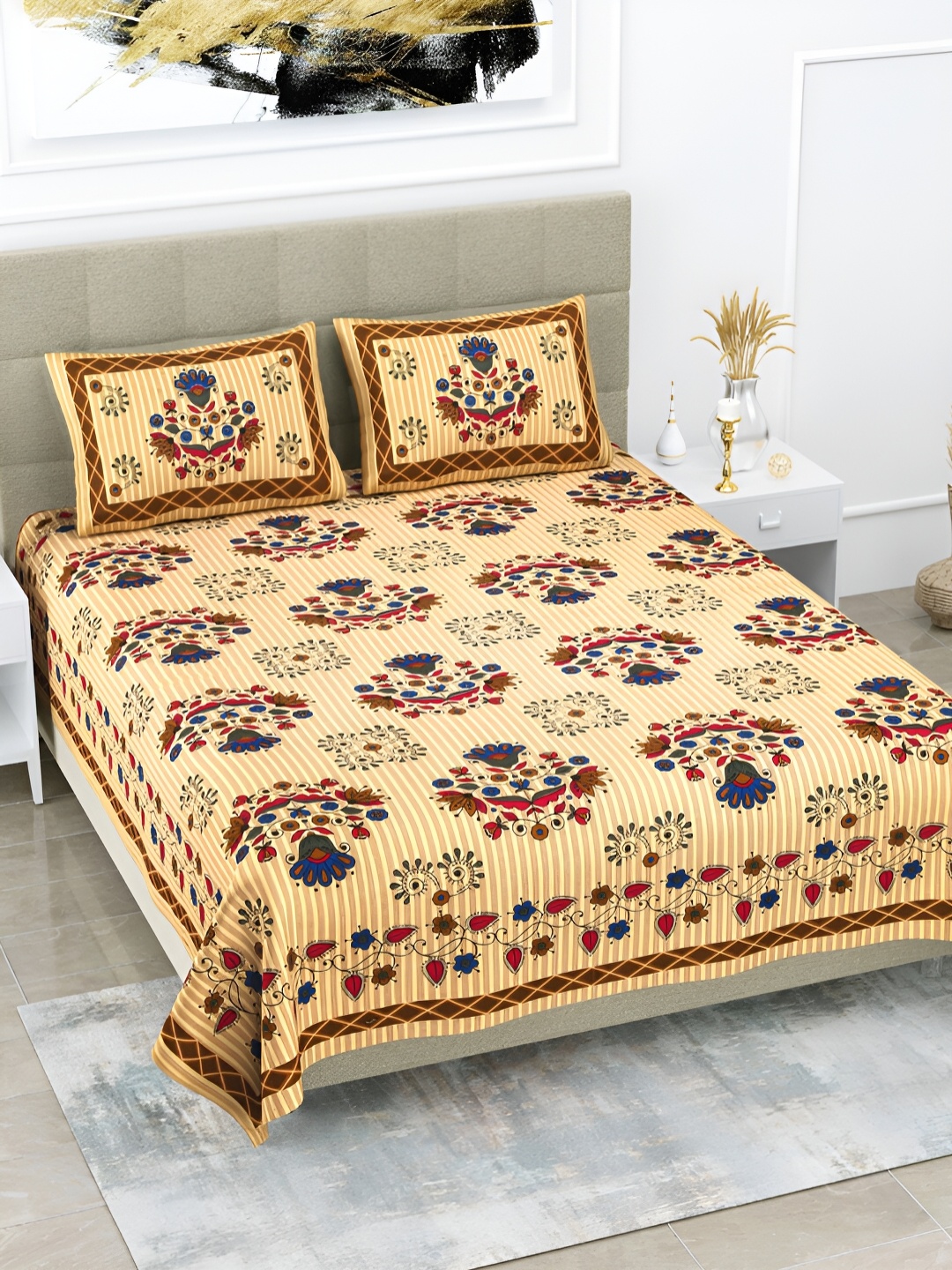 

POORAK Yellow & Blue Floral 104 TC Cotton Queen Bedsheet With 2 Pillow Covers