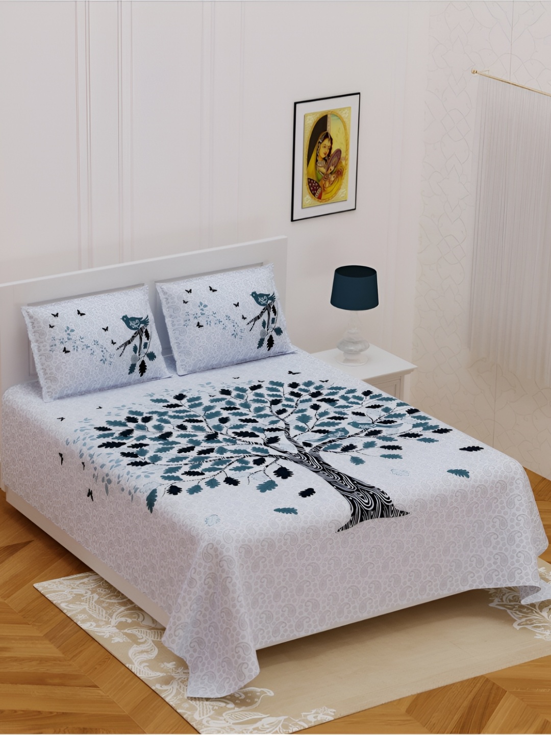 

POORAK Blue & Grey Floral 104 TC Cotton Queen Bedsheet With 2 Pillow Covers