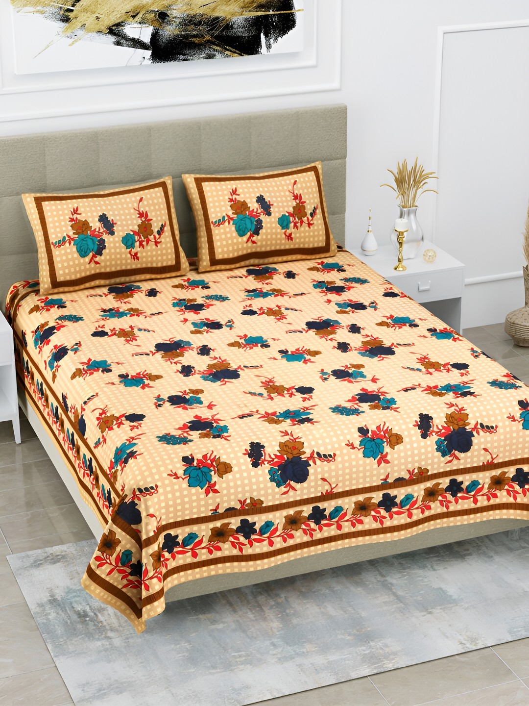 

POORAK Yellow & Blue Floral 104 TC Cotton Queen Bedsheet With 2 Pillow Covers