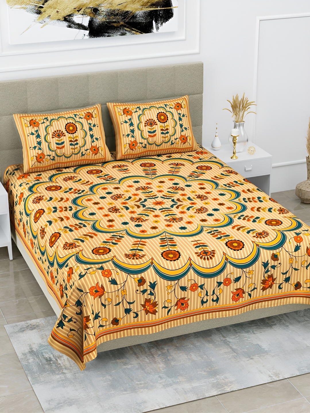 

POORAK Orange & Green Ethnic Motifs 104 TC Cotton Queen Bedsheet With 2 Pillow Covers