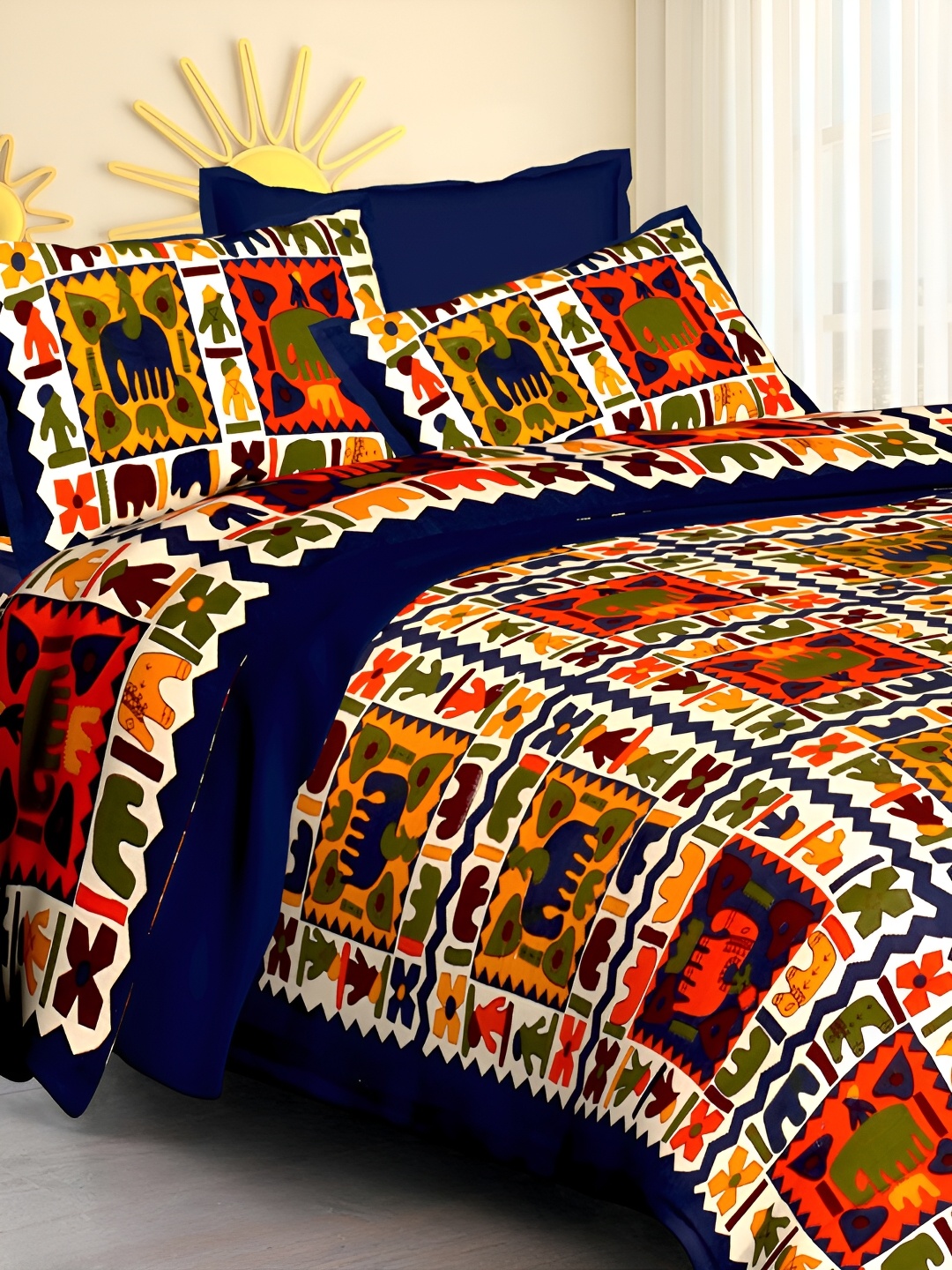 

POORAK Blue & White Ethnic Motifs 104 TC Cotton Queen Bedsheet Bedsheet Set