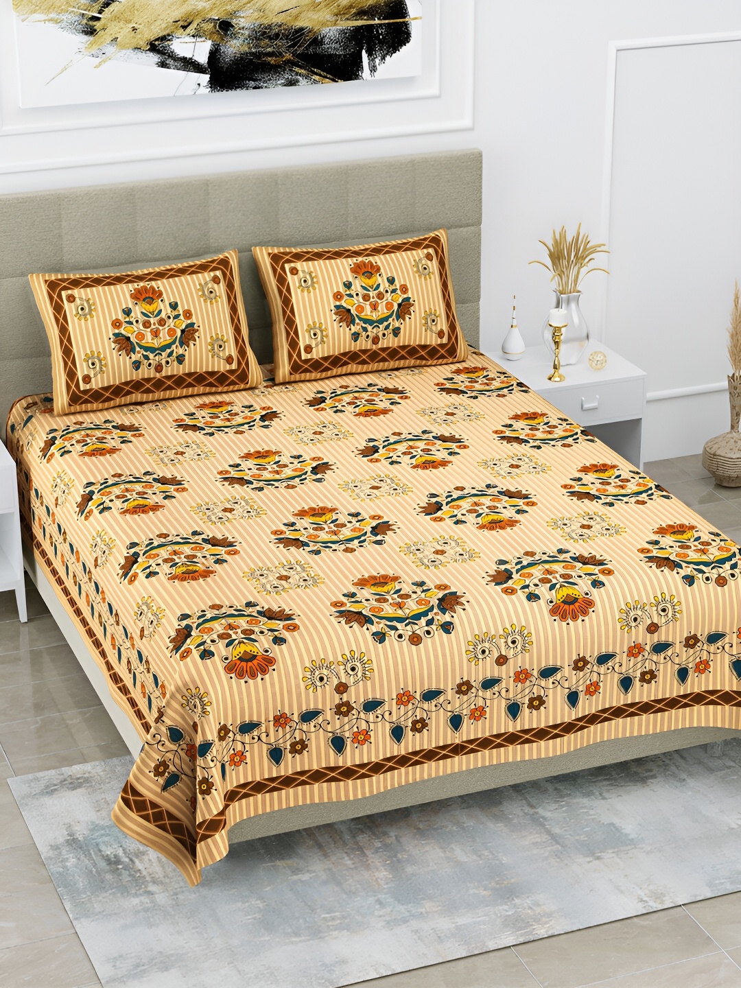 

POORAK Brown & Green Ethnic Motifs 104 TC Cotton Queen Bedsheet With 2 Pillow Covers