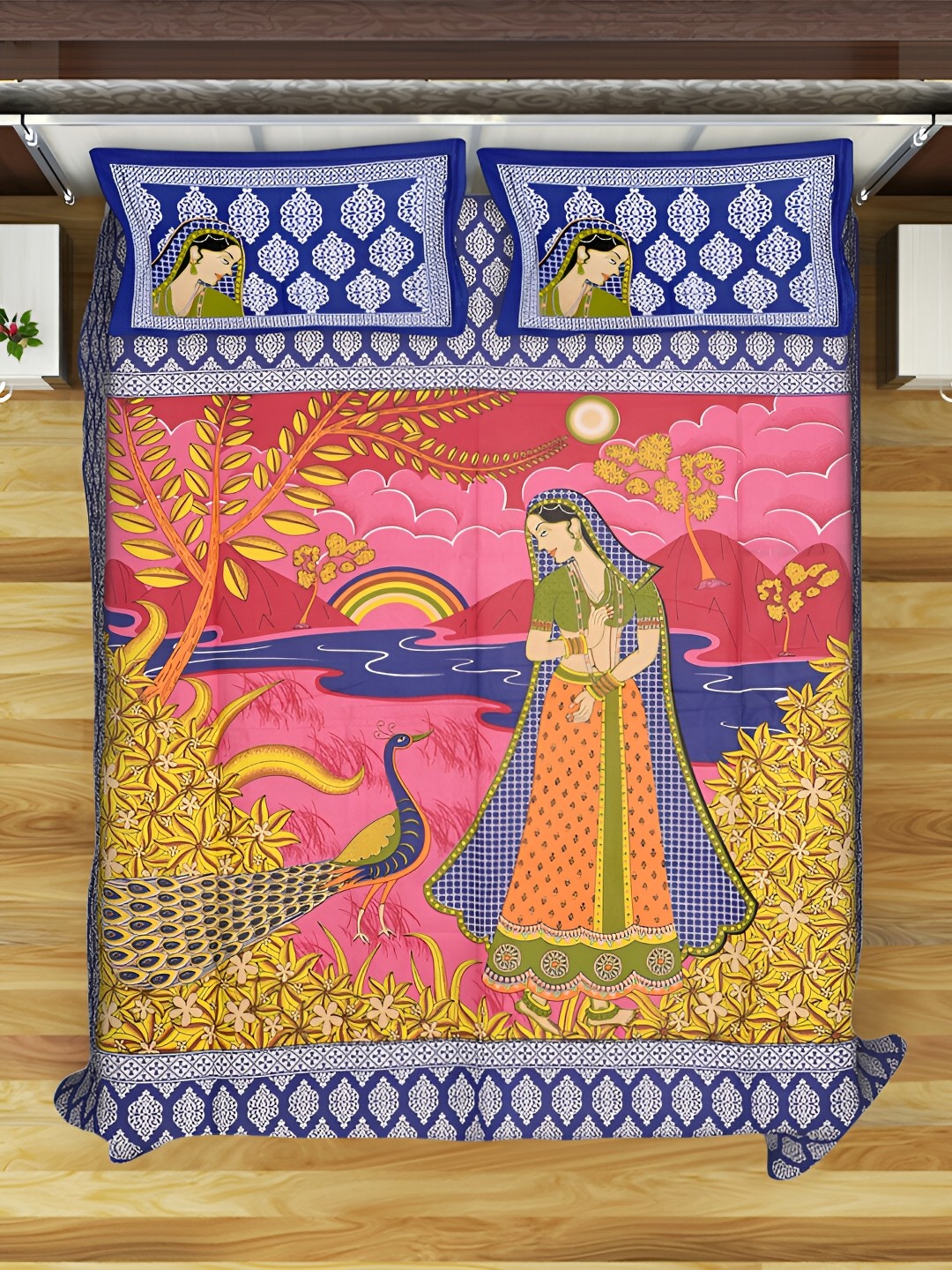 

POORAK Blue & Pink Graphic Cotton 104 TC Queen Bedsheet with 2 Pillow Covers