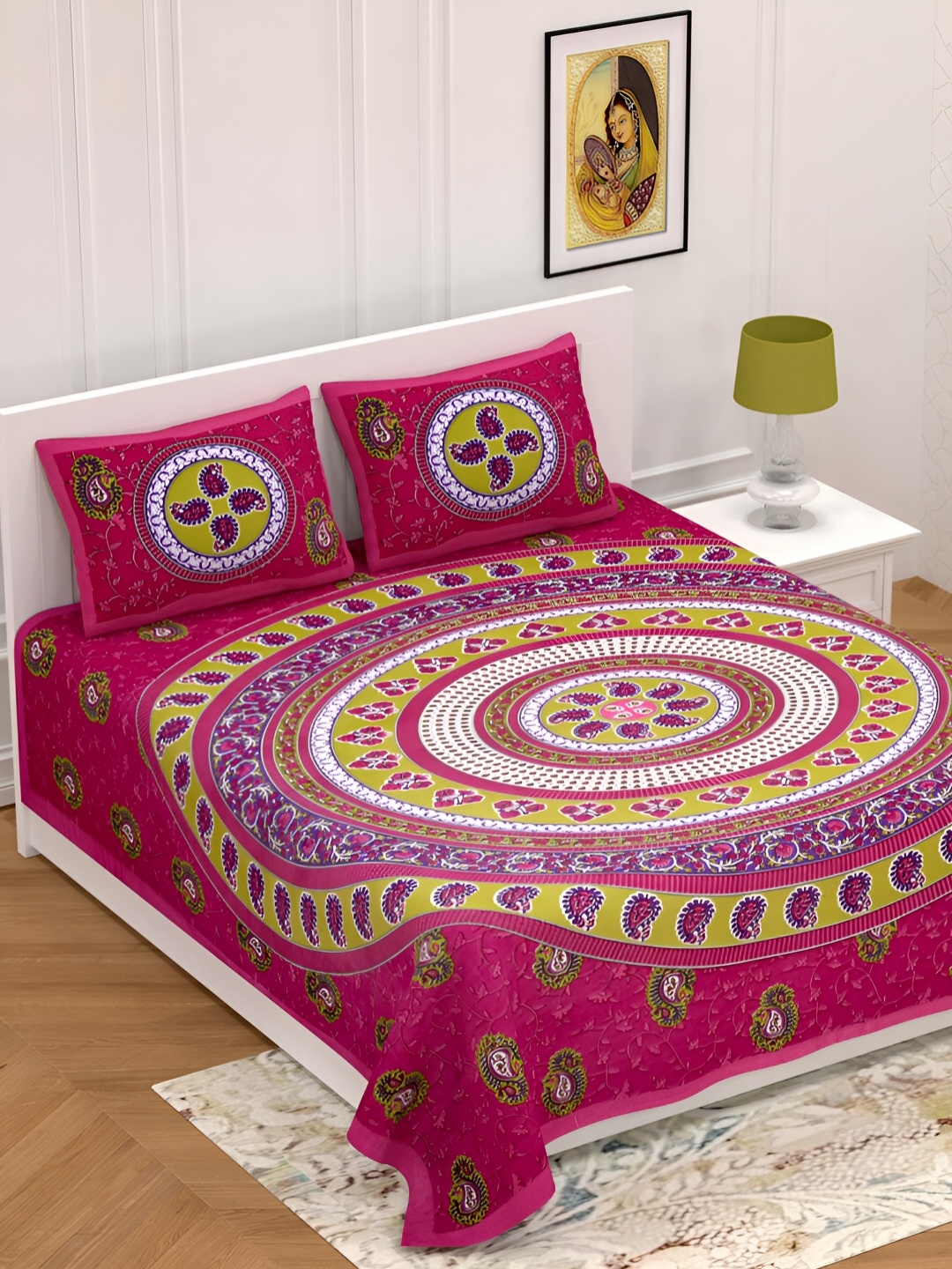 

POORAK Pink & Green Ethnic Motifs Cotton 104 TC Queen Bedsheet with 2 Pillow Covers