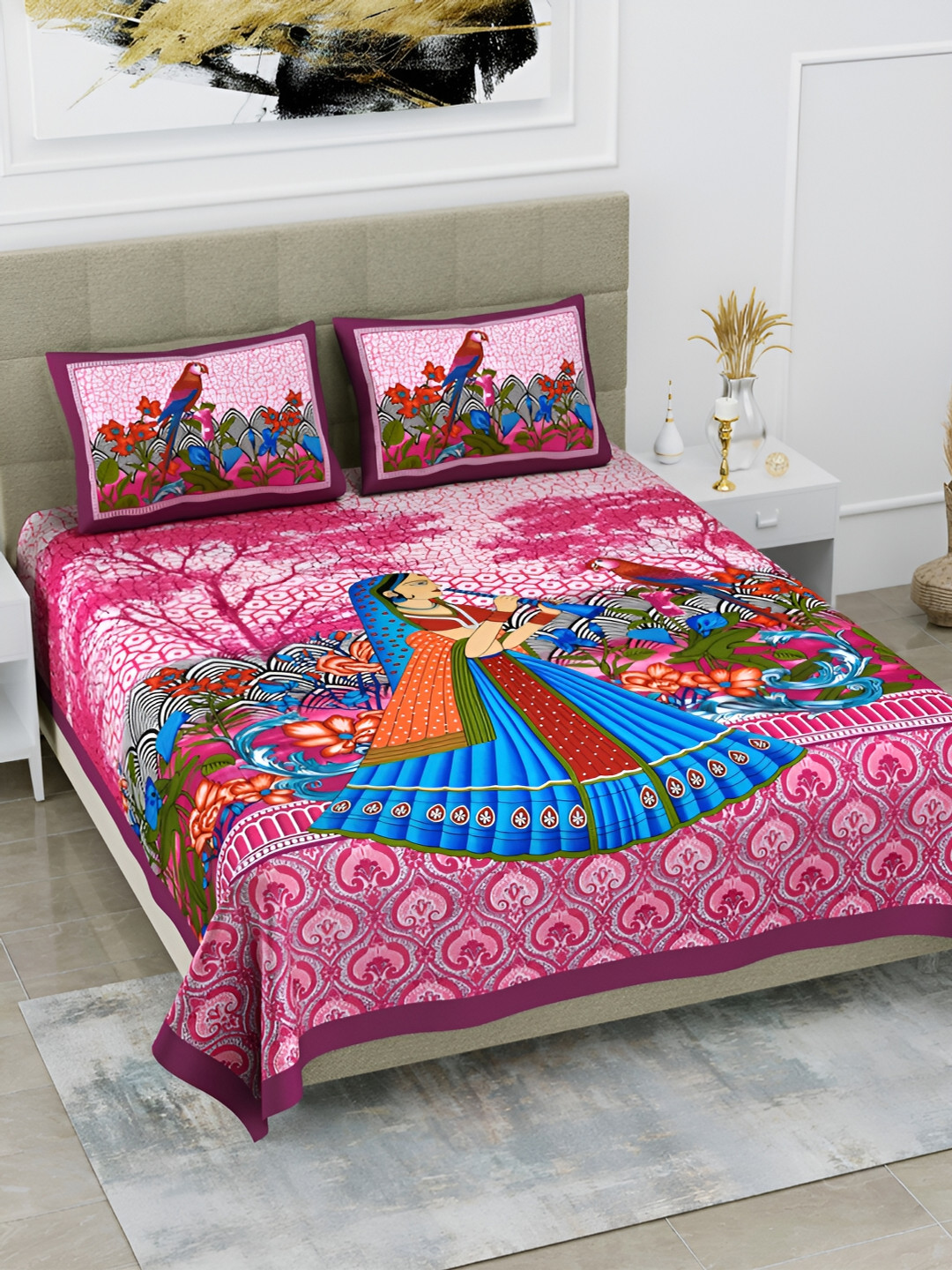 

POORAK Pink & Blue Ethnic Motifs 104 TC Cotton Queen Bedsheet With 2 Pillow Covers