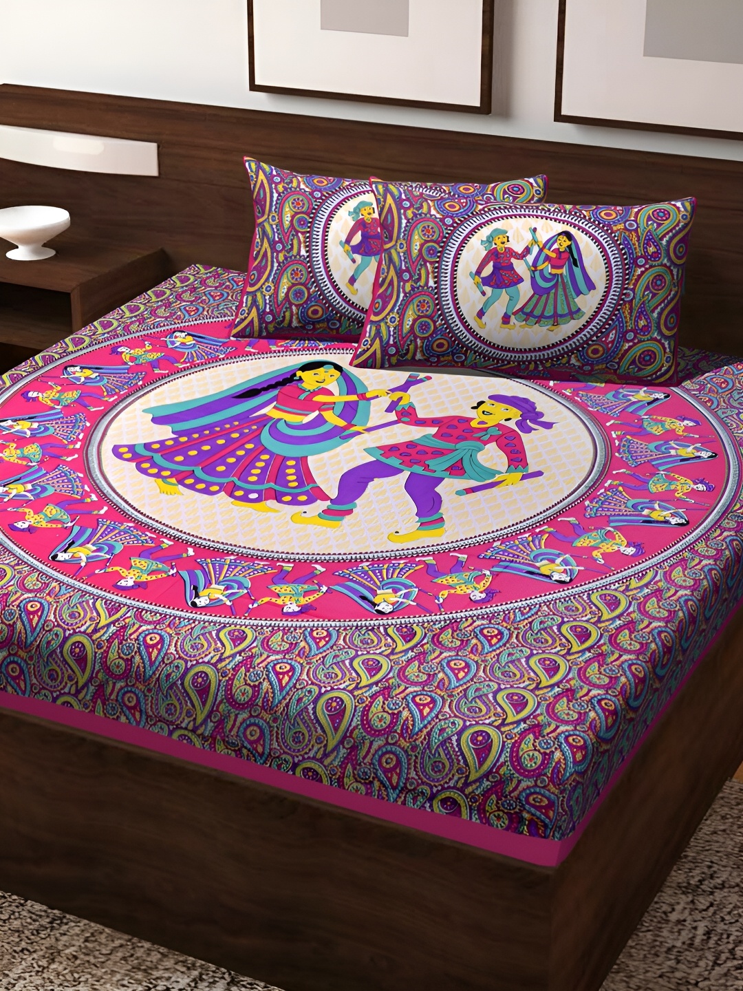 

POORAK Pink & Blue Ethnic Motifs 104 TC Cotton Queen Bedsheet With 2 Pillow Covers