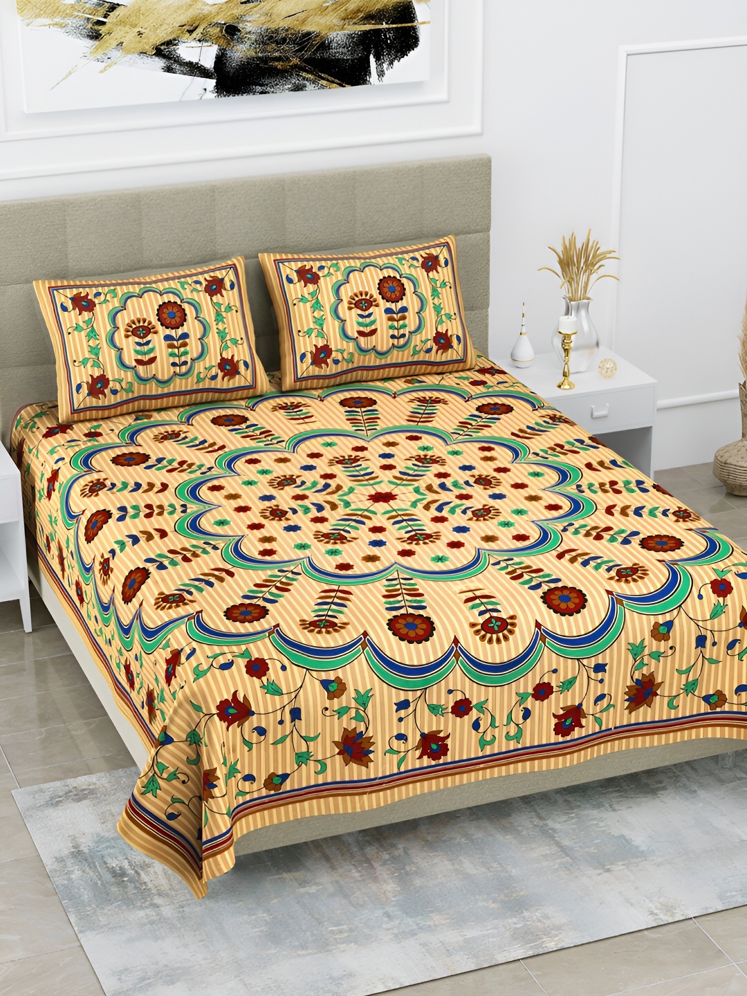 

POORAK Maroon & Yellow Floral Cotton 104 TC Queen Bedsheet With 2 Pillow Covers