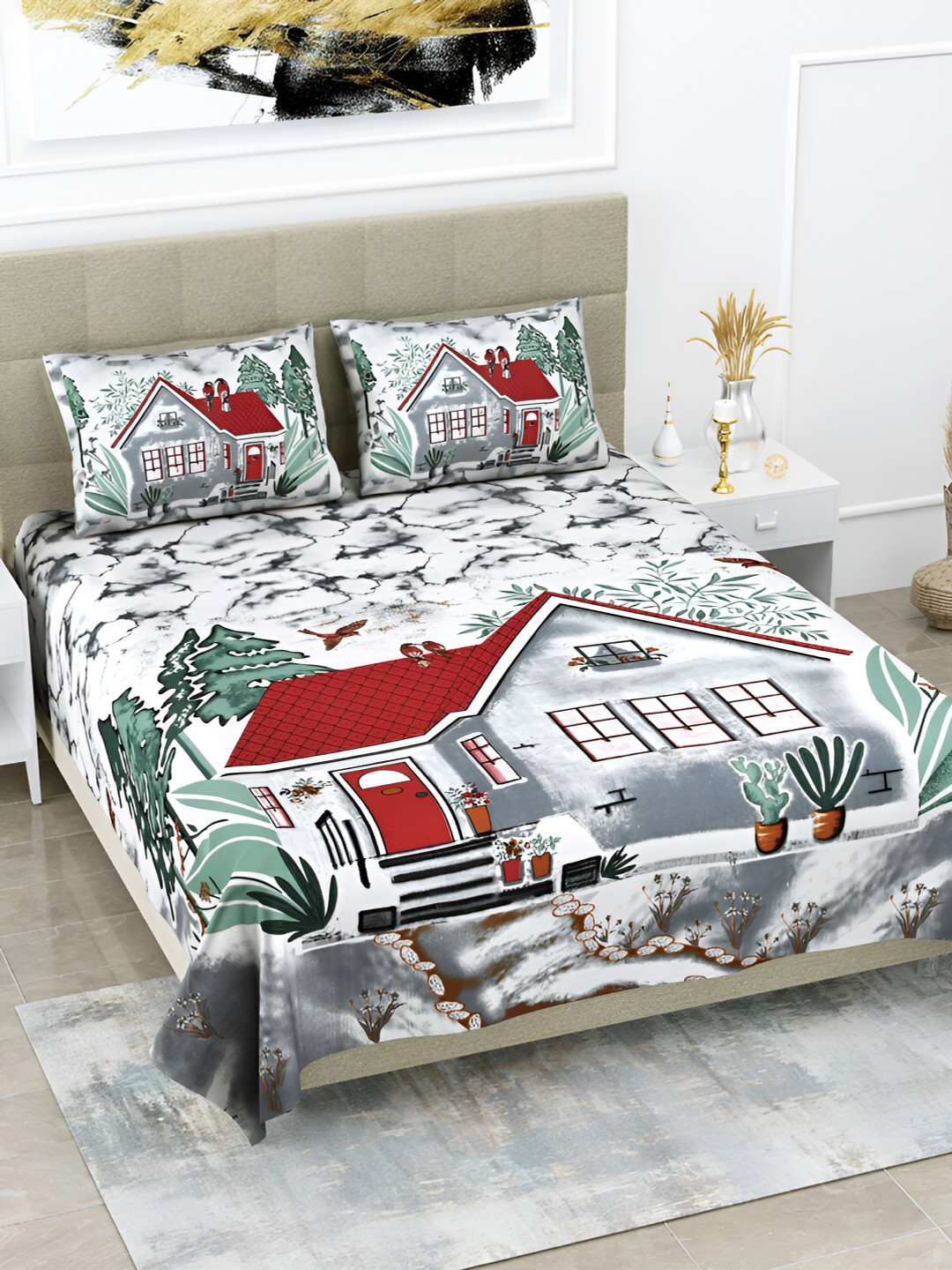 

POORAK Grey & Green Graphic 104 TC Cotton Queen Bedsheet With 2 Pillow Covers