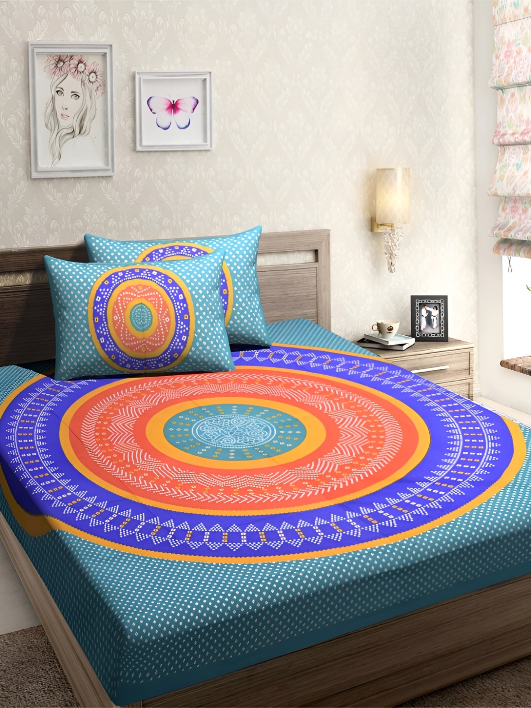

POORAK Blue & Orange Ethnic Motifs 104 TC Cotton Queen Bedsheet With 2 Pillow Covers