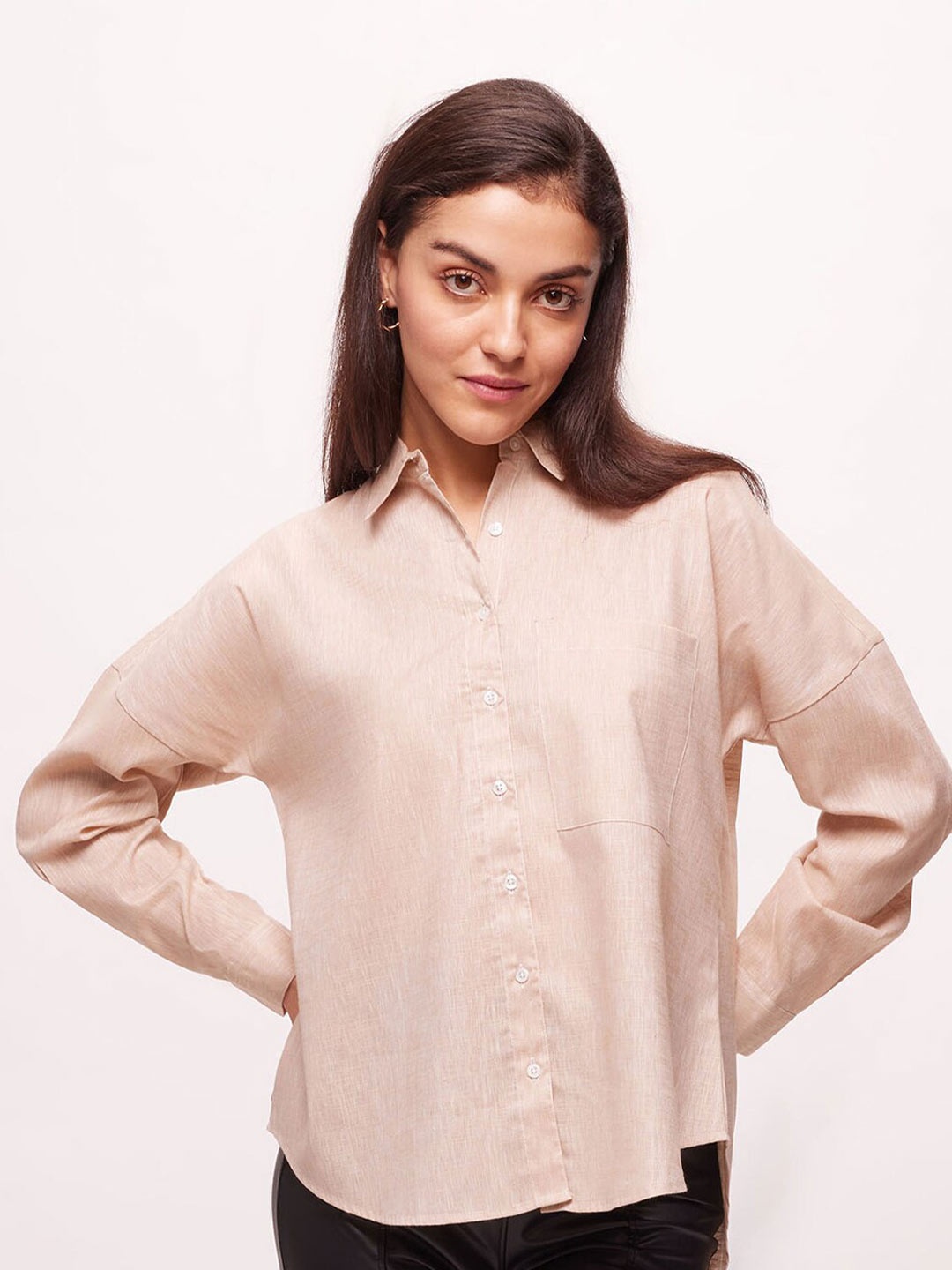 

Bombay High Women Oversized Solid High Low Hem Textured Shirt, Beige