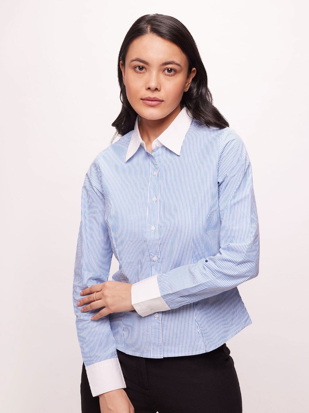 

Bombay High Women Slim Fit Striped Banker Shirt, Blue