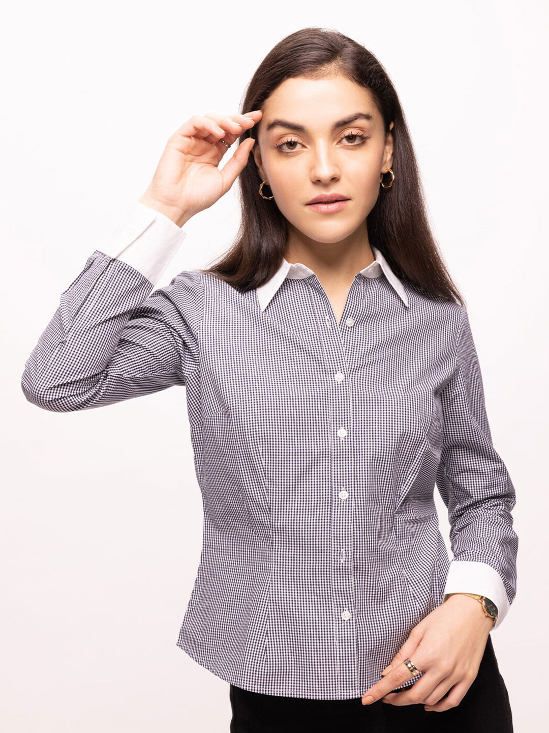 

Bombay High Women Slim Fit Checked Banker Shirt, Black