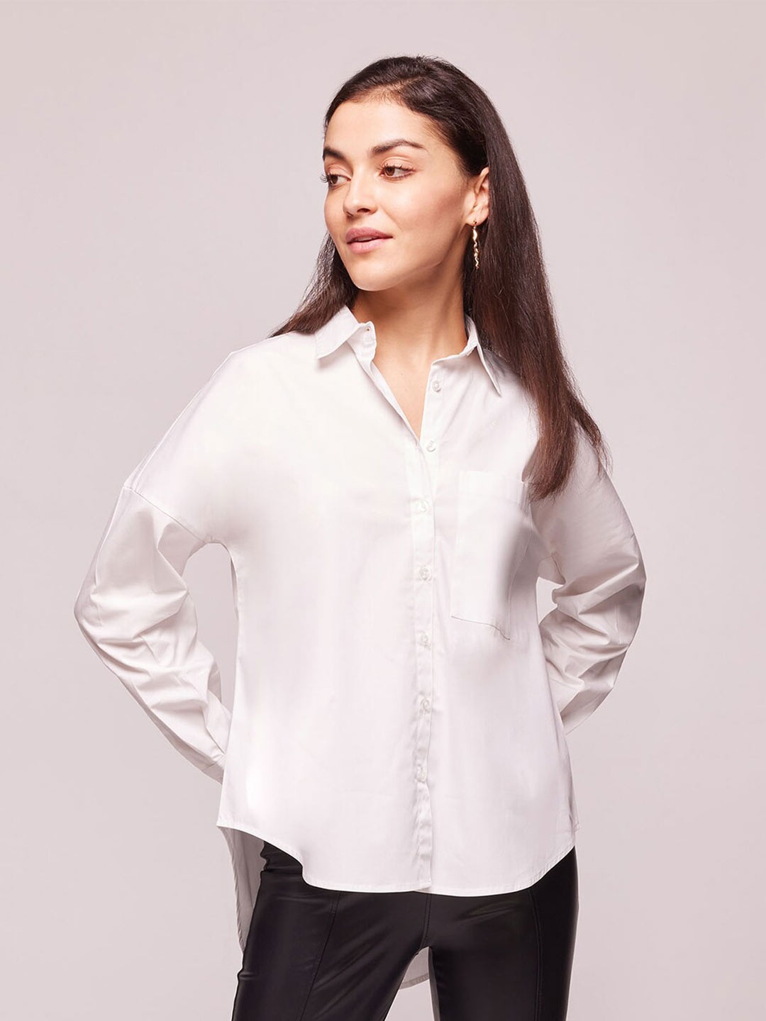 

Bombay High Women Oversized Solid High Low Hem Spread Collar Shirt, White