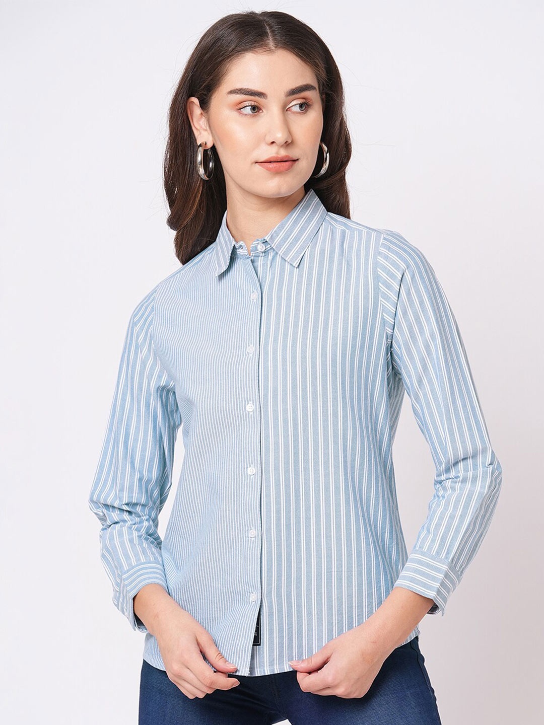 

Bombay High Women Regular Fit Stiped Spread Collar Oxford Shirt, Blue