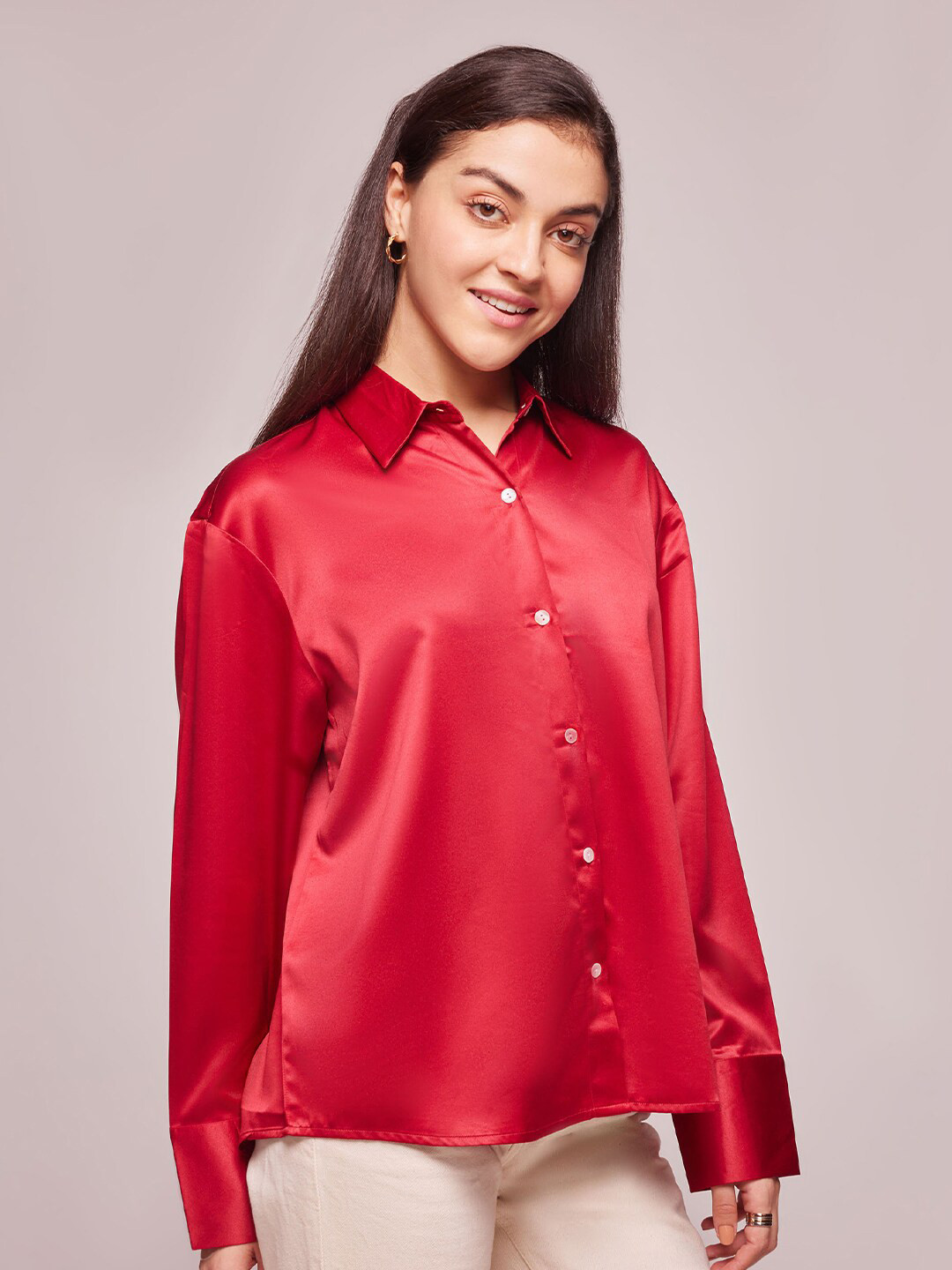

Bombay High Women Oversized Fit Solid Satin Shirt, Red