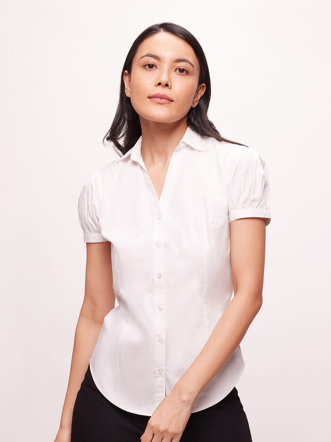

Bombay High Women Slim Fit Solid Y placket Puffed Sleeve Shirt, White