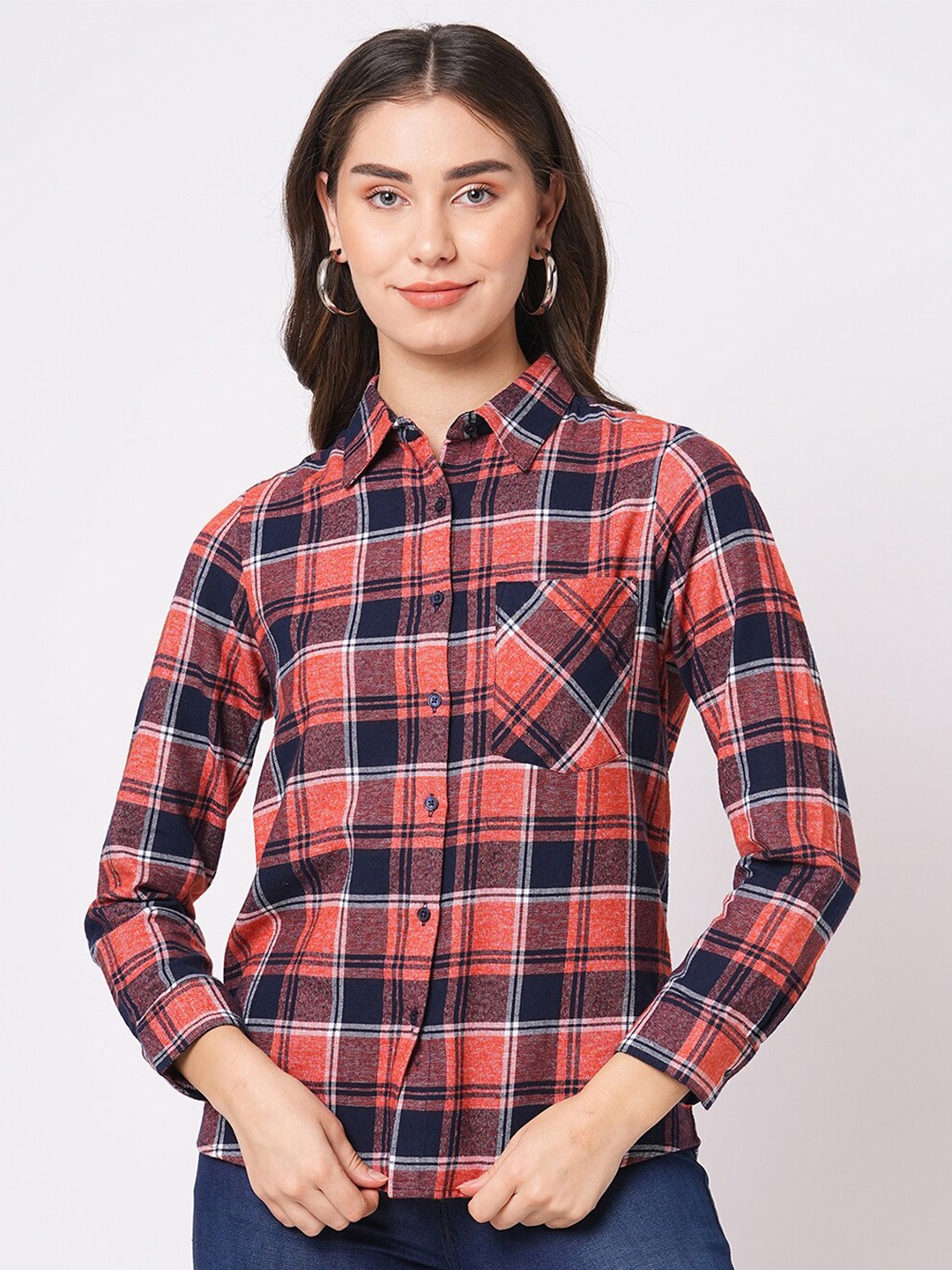 

Bombay High Women Relaxed Fit Patch Pocket Check Shirt, Orange