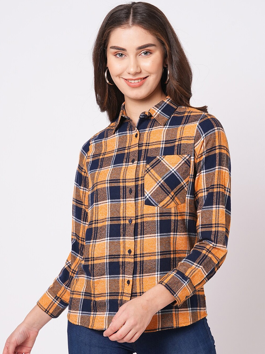 

Bombay High Women Relaxed Fit Patch Pocket Check Shirt, Orange