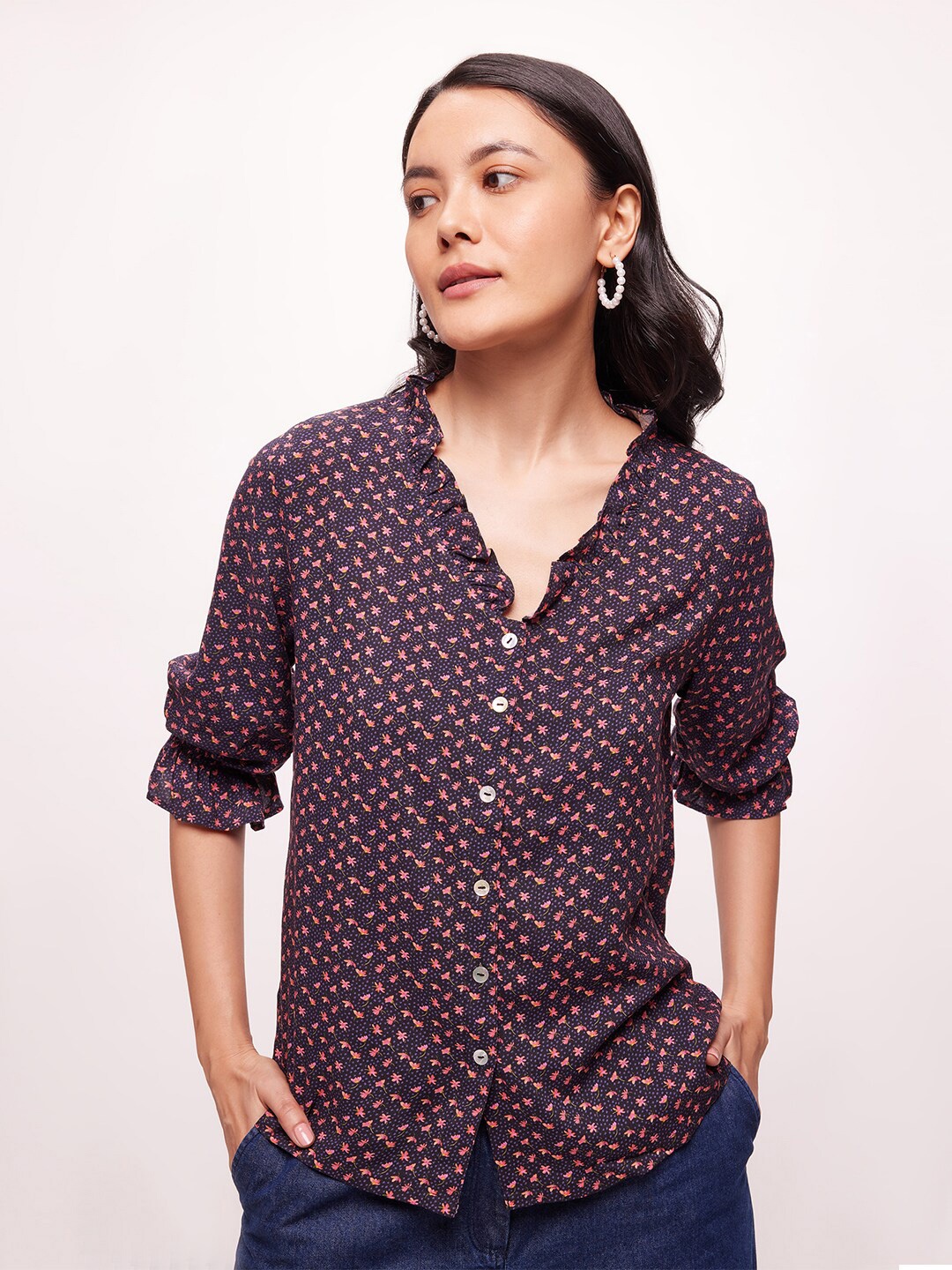 

Bombay High Women Regular Fit Floral Print Ruffled Neck Shirt, Purple