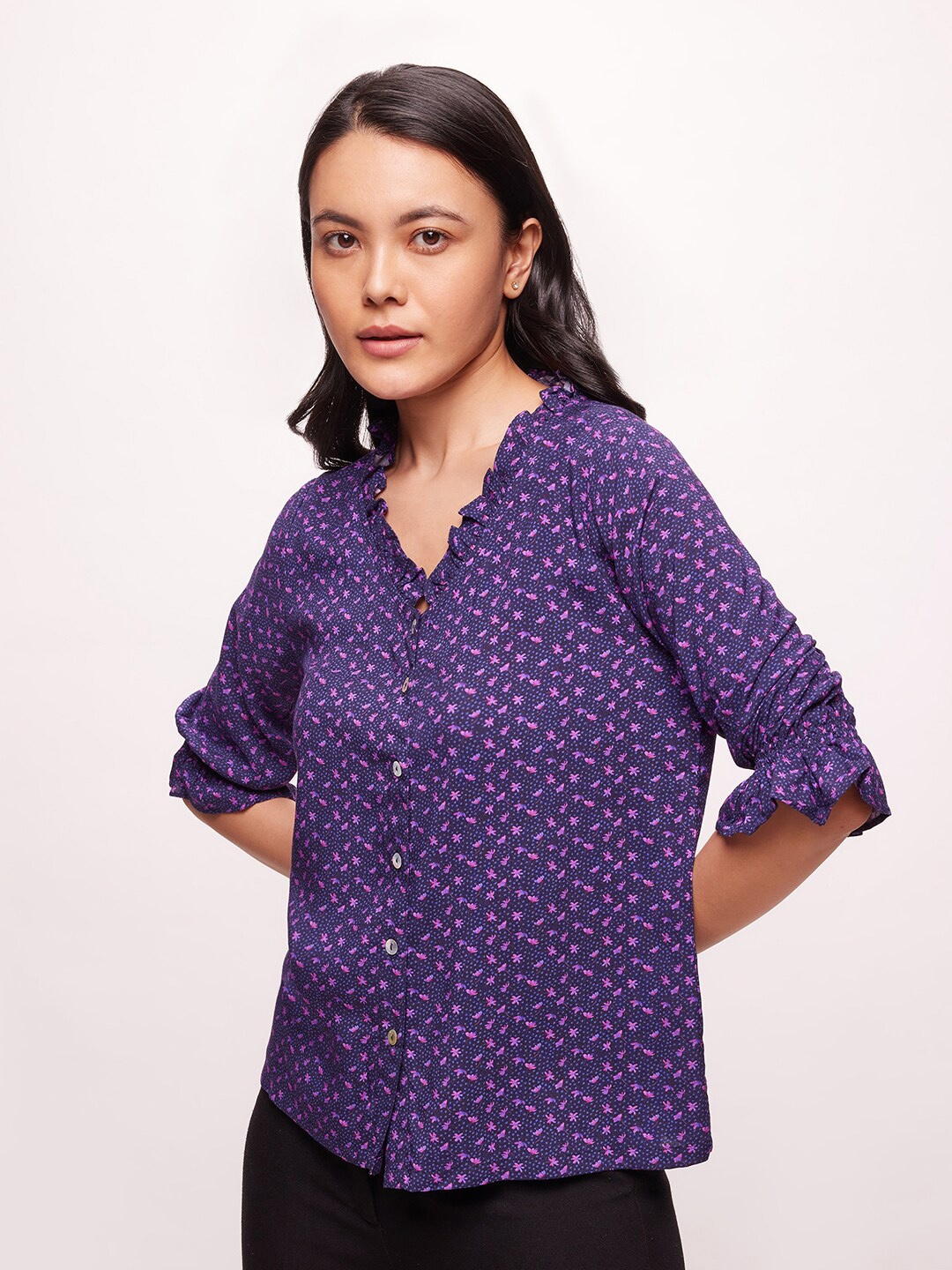 

Bombay High Women Regular Fit Floral Print Ruffled Neck Shirt, Navy blue