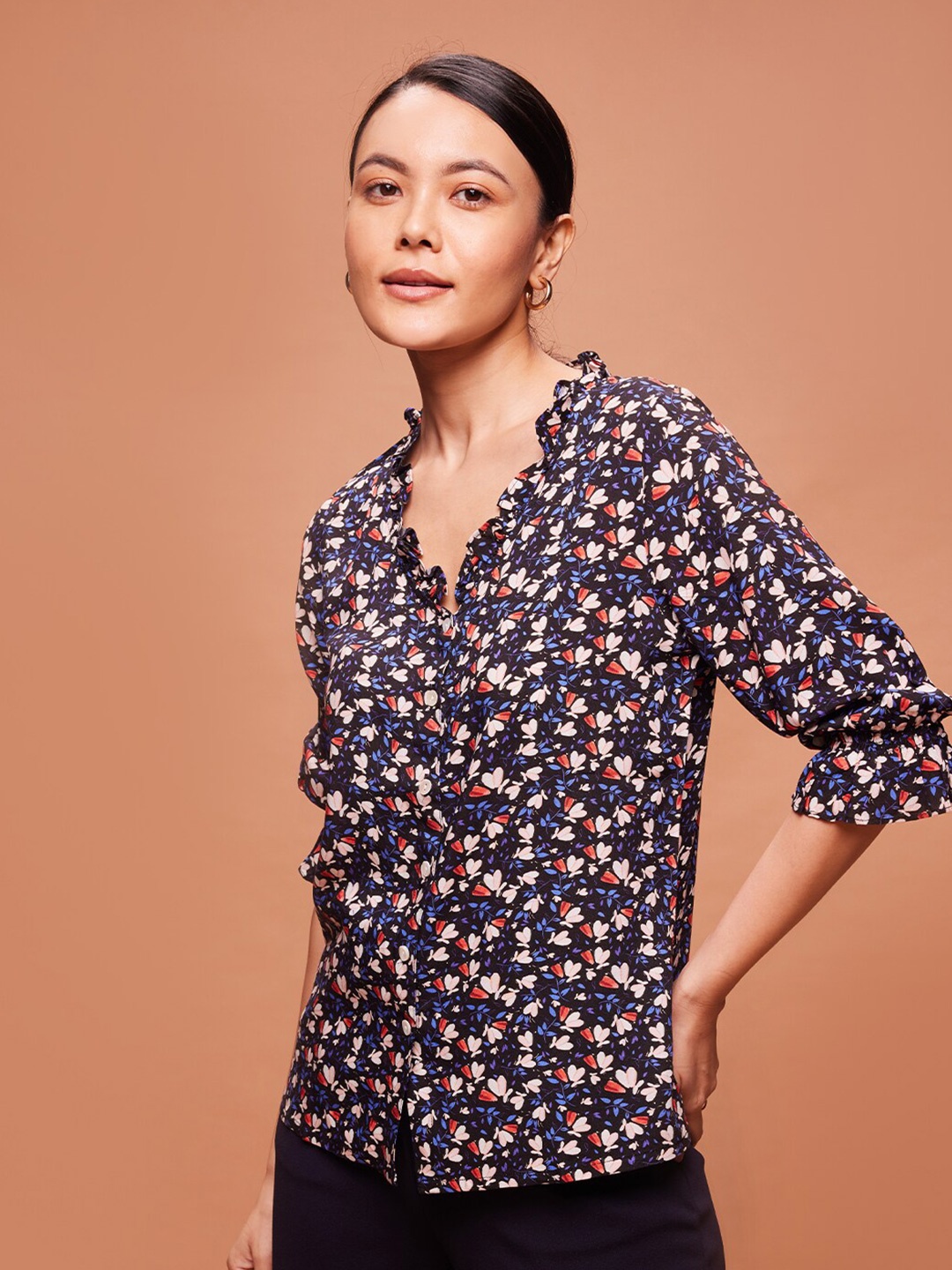 

Bombay High Women Floral Print Ruffled Neck Shirt, Black