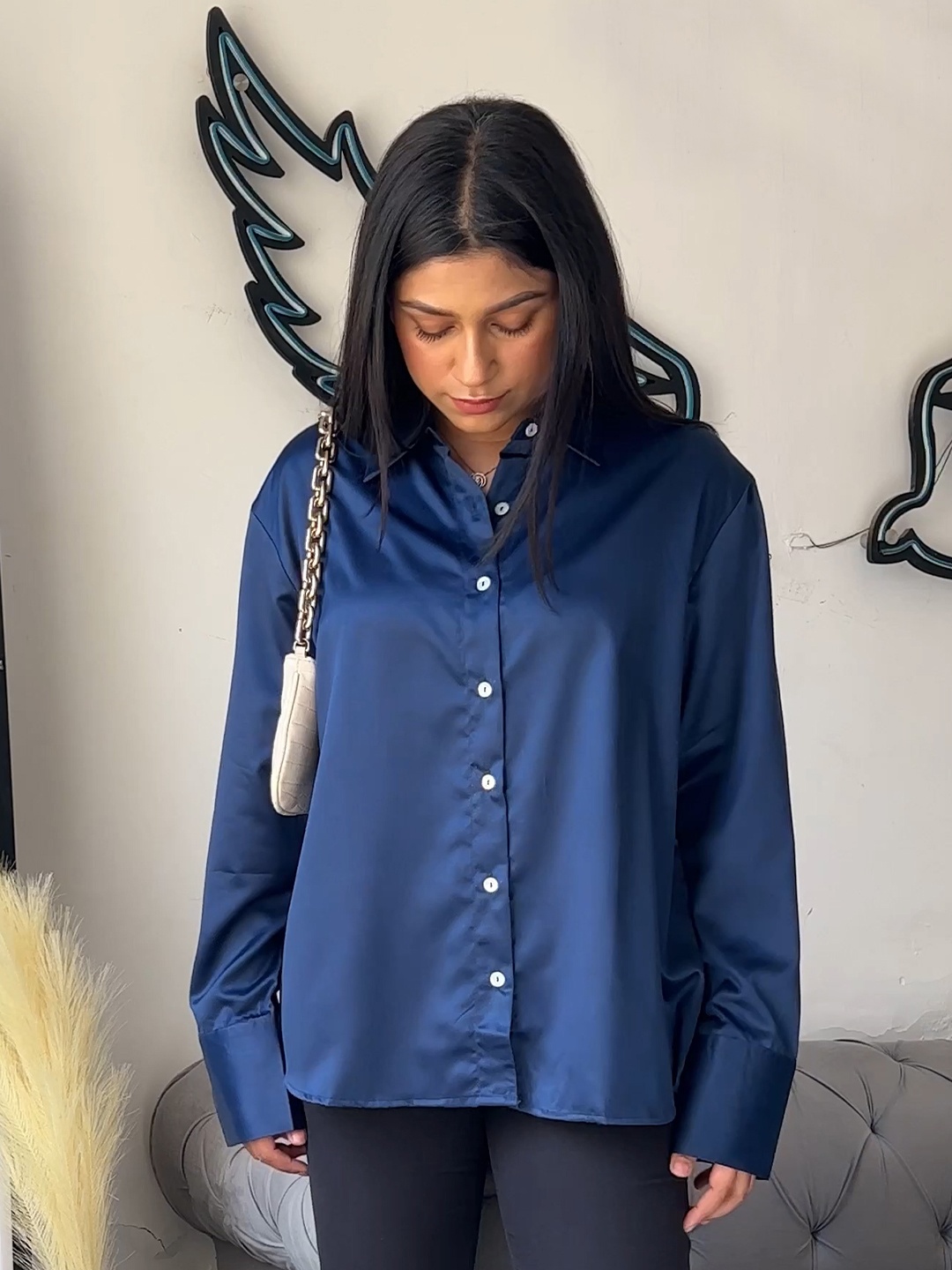 

Bombay High Women Oversized Fit Solid Satin Shirt, Blue