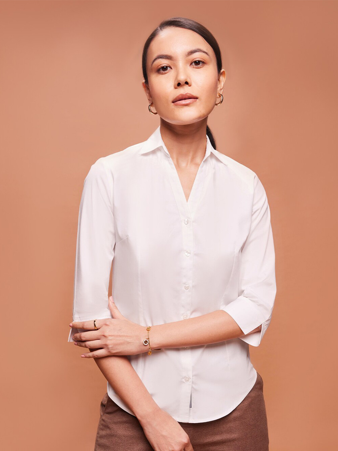 

Bombay High Women Slim Fit Solid Y Placket 3/4th Sleeve Shirt, White