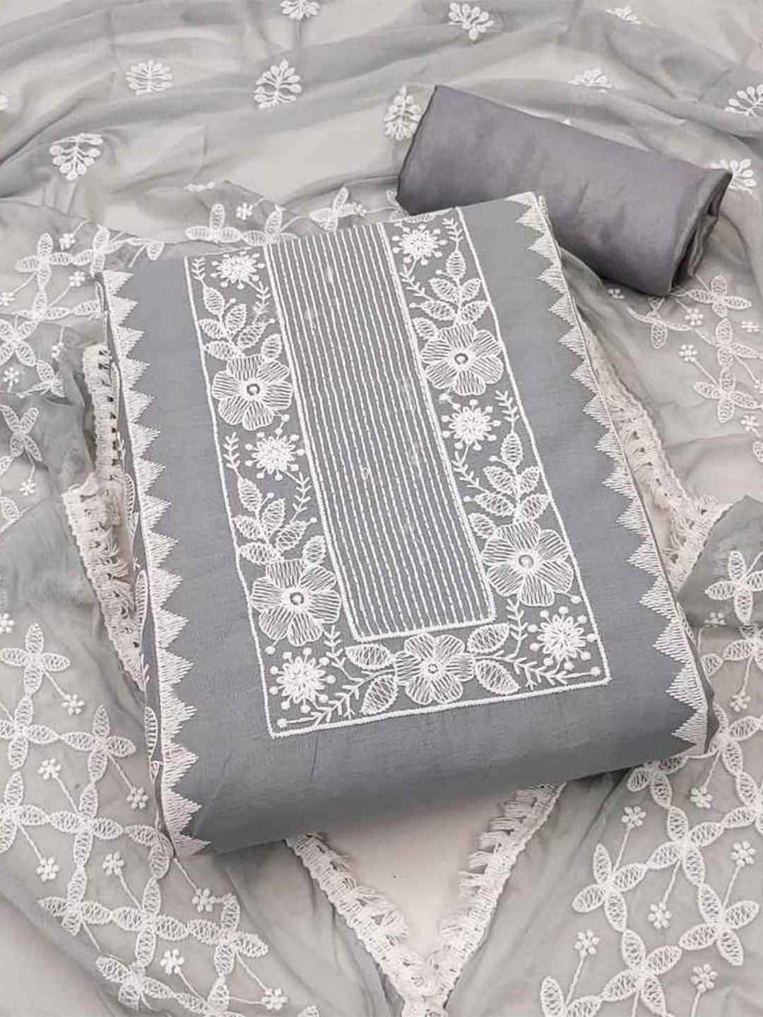 

faxofab Floral Embroidered Unstitched Dress Material, Grey