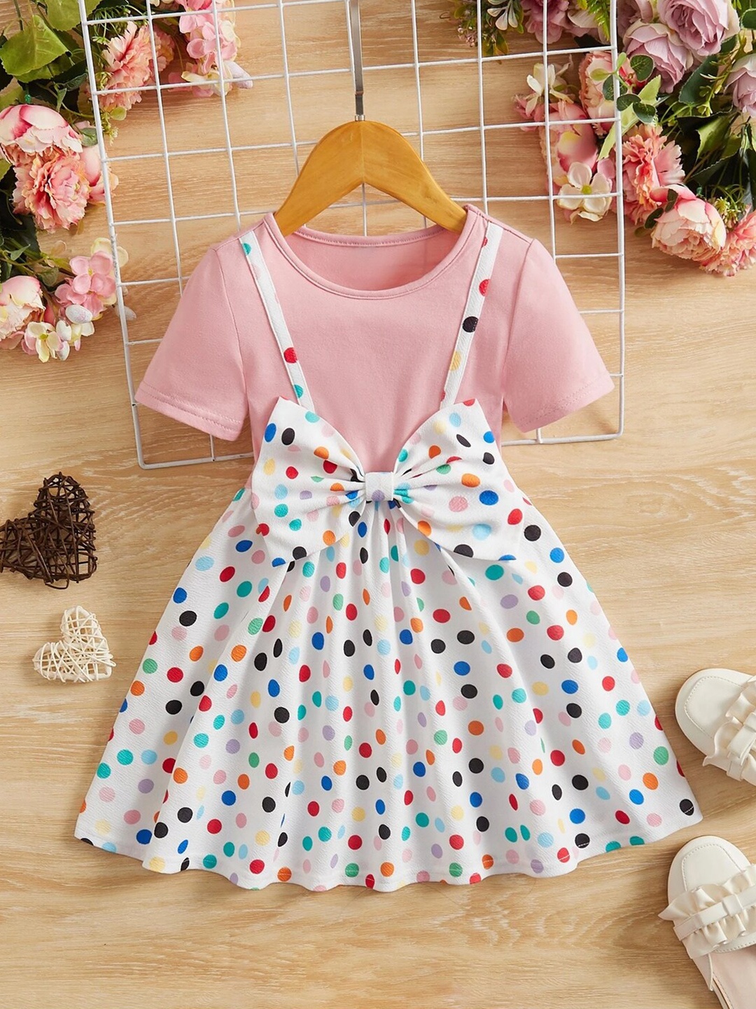 

BAESD Girls Polka Dot Printed Round Neck Bow Pinafore Dress, Pink