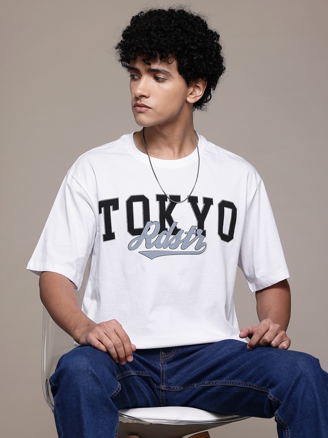 

The Roadster Lifestyle Co. Drop-Shoulder Sleeves Pure Cotton T-shirt, White