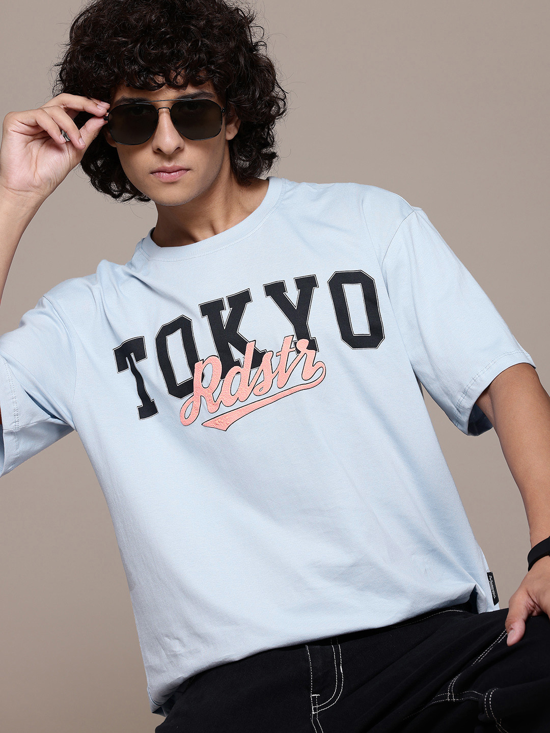 

The Roadster Lifestyle Co. Printed Drop-Shoulder Sleeves Pure Cotton Relaxed T-shirt, Blue