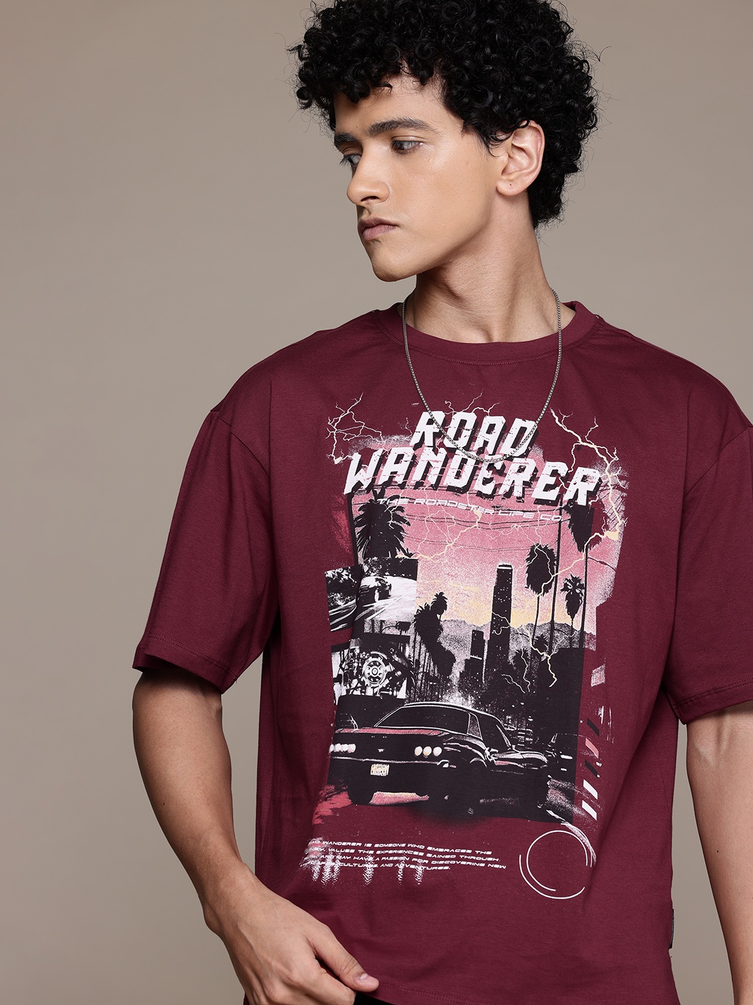 

The Roadster Lifestyle Co. Printed Relaxed Pure Cotton T-shirt, Burgundy