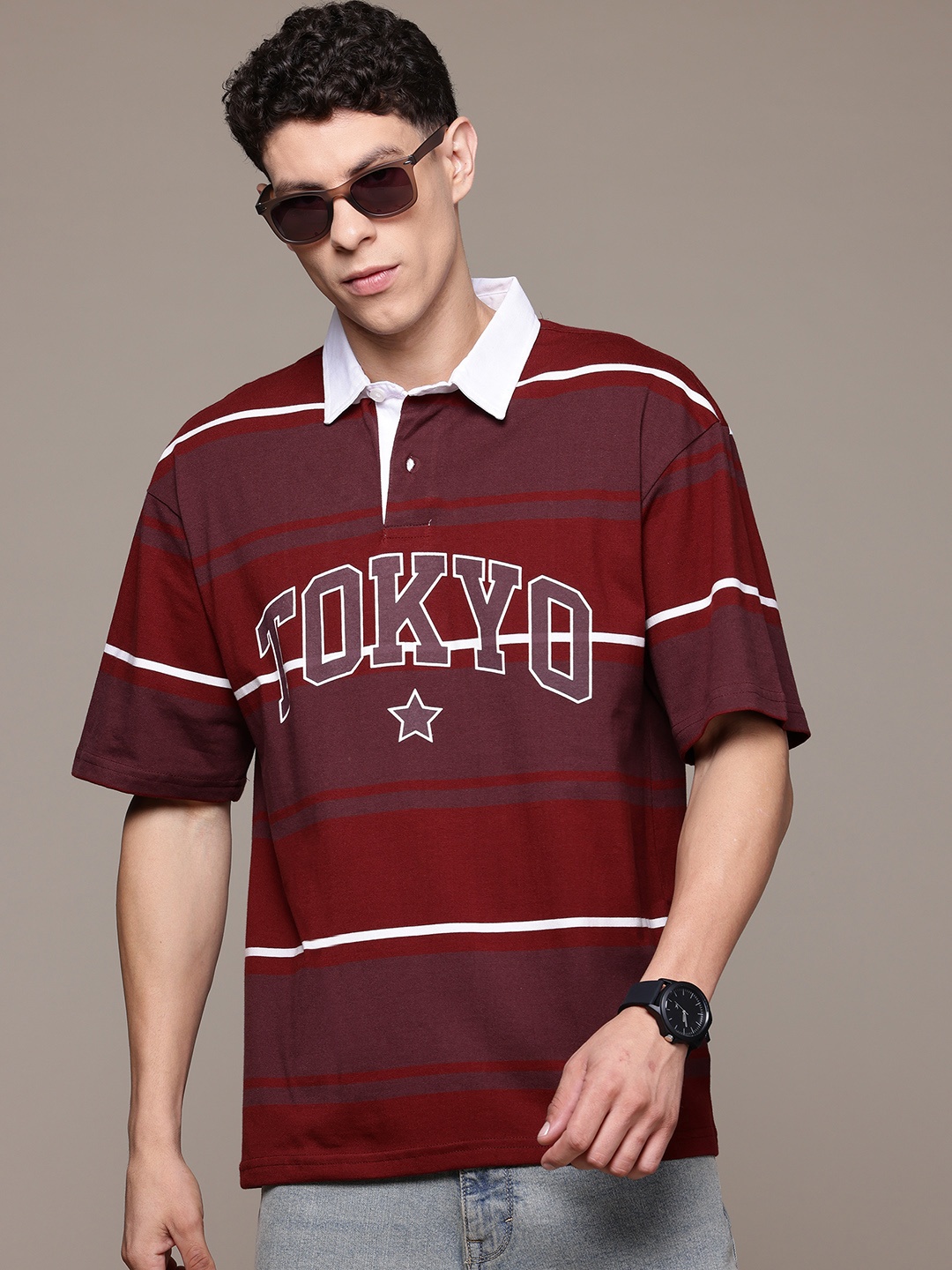 

The Roadster Lifestyle Co. Striped Polo Collar Oversize T-shirt, Maroon