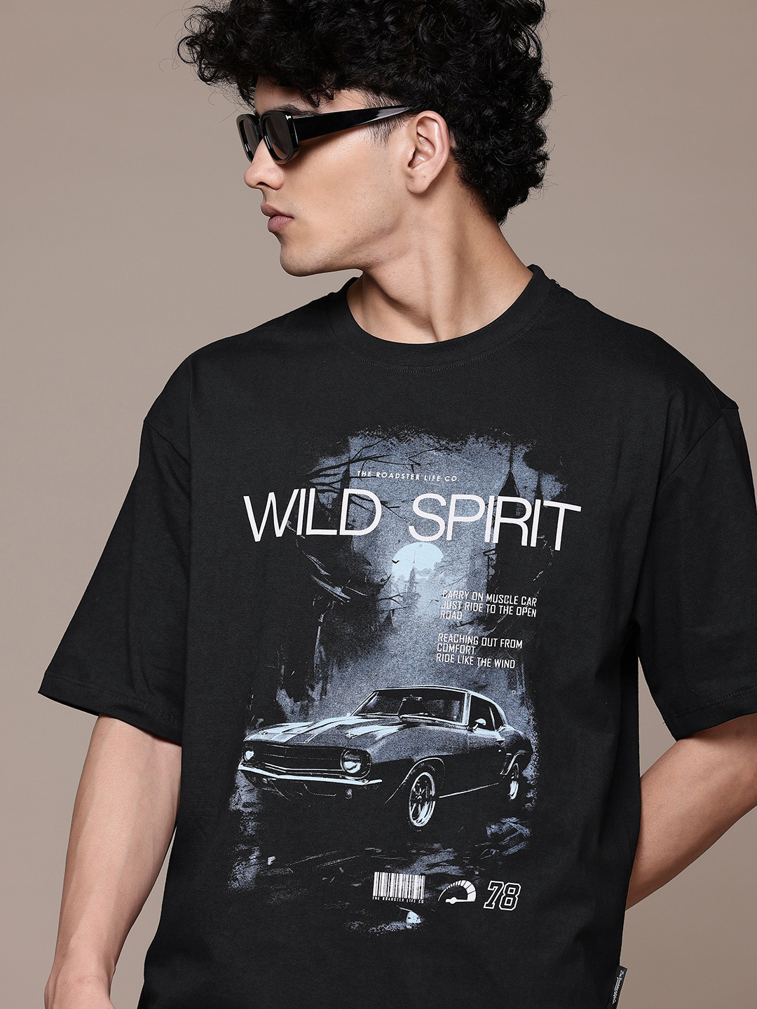 

Roadster Printed Drop-Shoulder Sleeves Pure Cotton T-shirt, Black