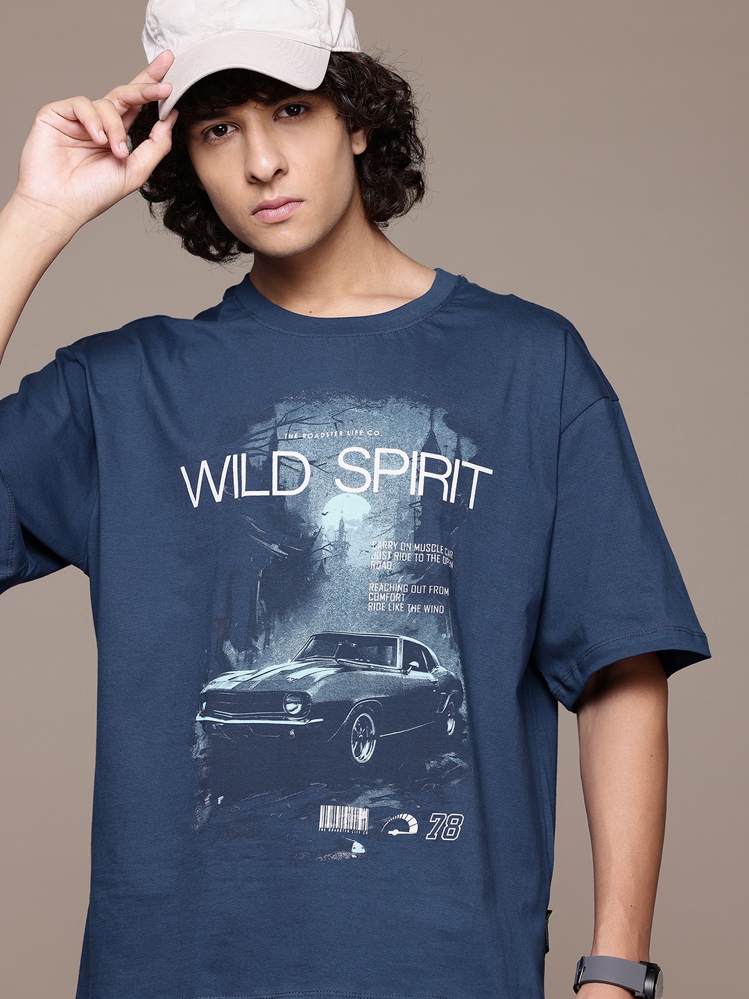 

Roadster Typography Printed Drop-Shoulder Sleeves Pure Cotton T-shirt, Blue