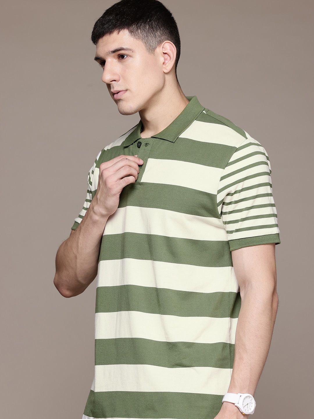 

The Roadster Lifestyle Co. Striped Polo Collar T-shirt, Olive