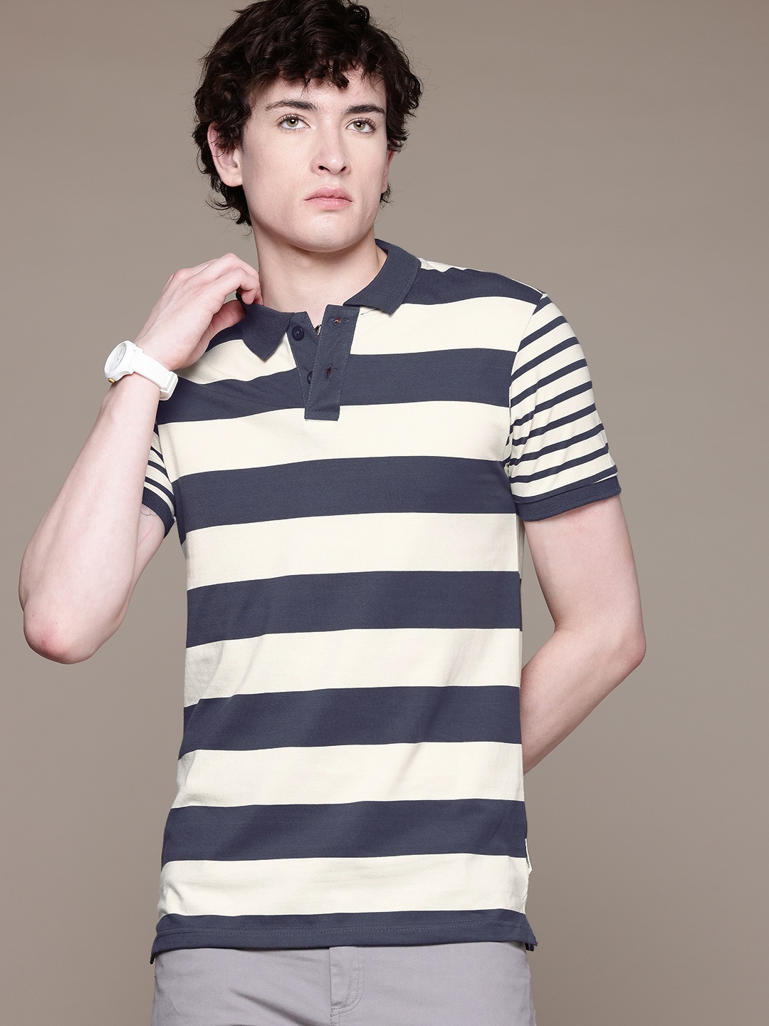 

The Roadster Lifestyle Co. Striped Polo Collar T-shirt, Off white