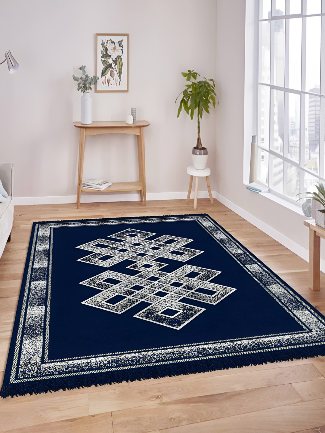 

bsb home Navy Blue & White Geometric Anti Skid Carpet