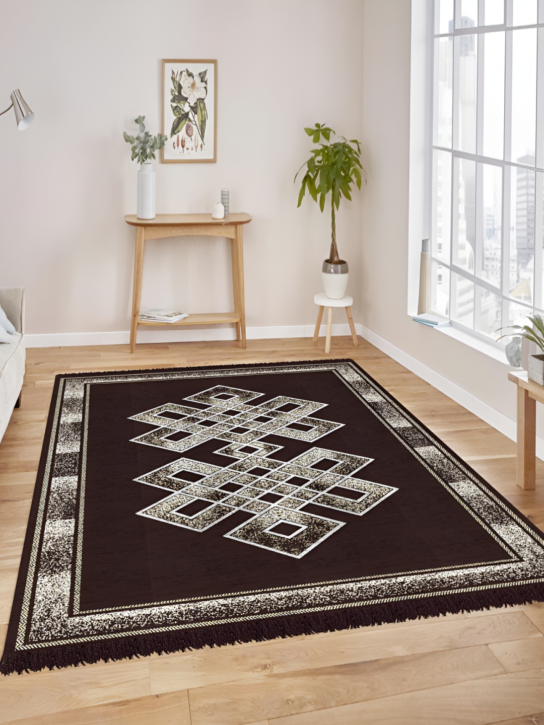 

bsb home Coffee Brown & White Geometric Anti Skid Carpet